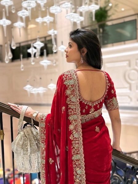 Red Cutwork Zarkan Embroidered Space Silk Saree — alternate view