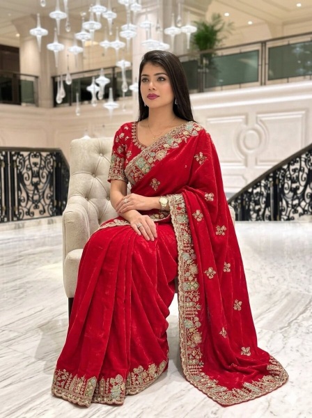 Red Cutwork Zarkan Embroidered Space Silk Saree