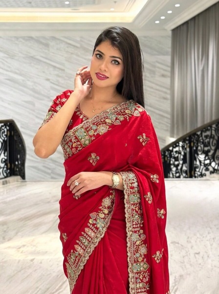 Red Cutwork Zarkan Embroidered Space Silk Saree