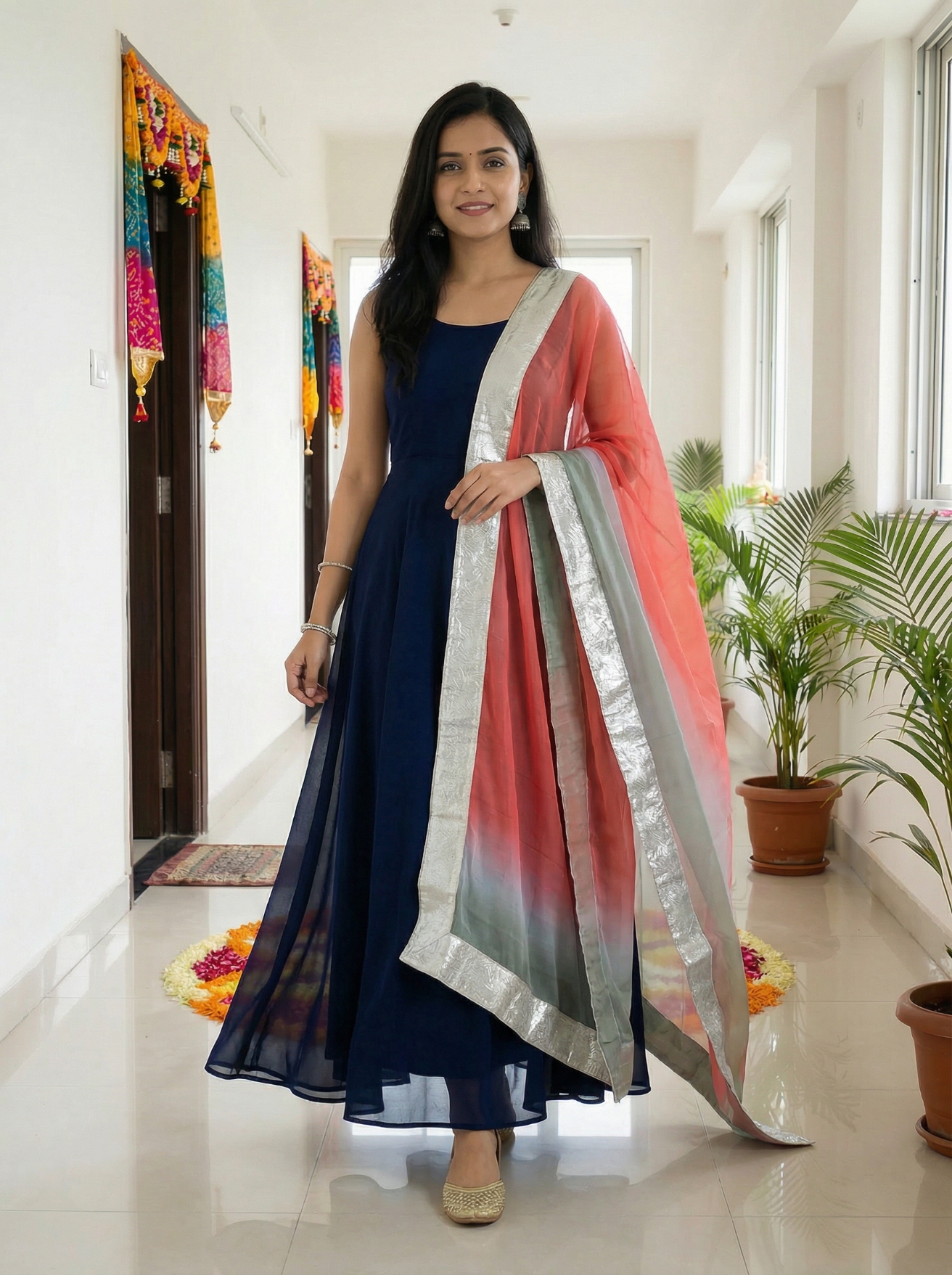 Red Designer Digital Printed Organza Dupatta