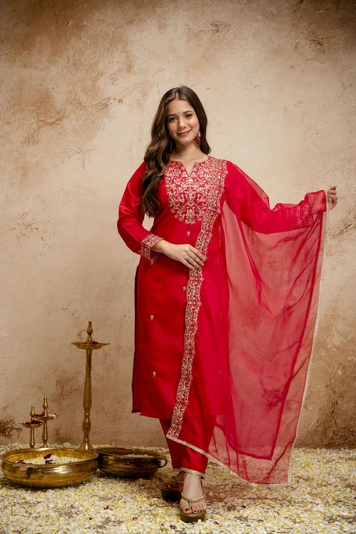 Red Designer Embroidered Chanderi Salwar Suit