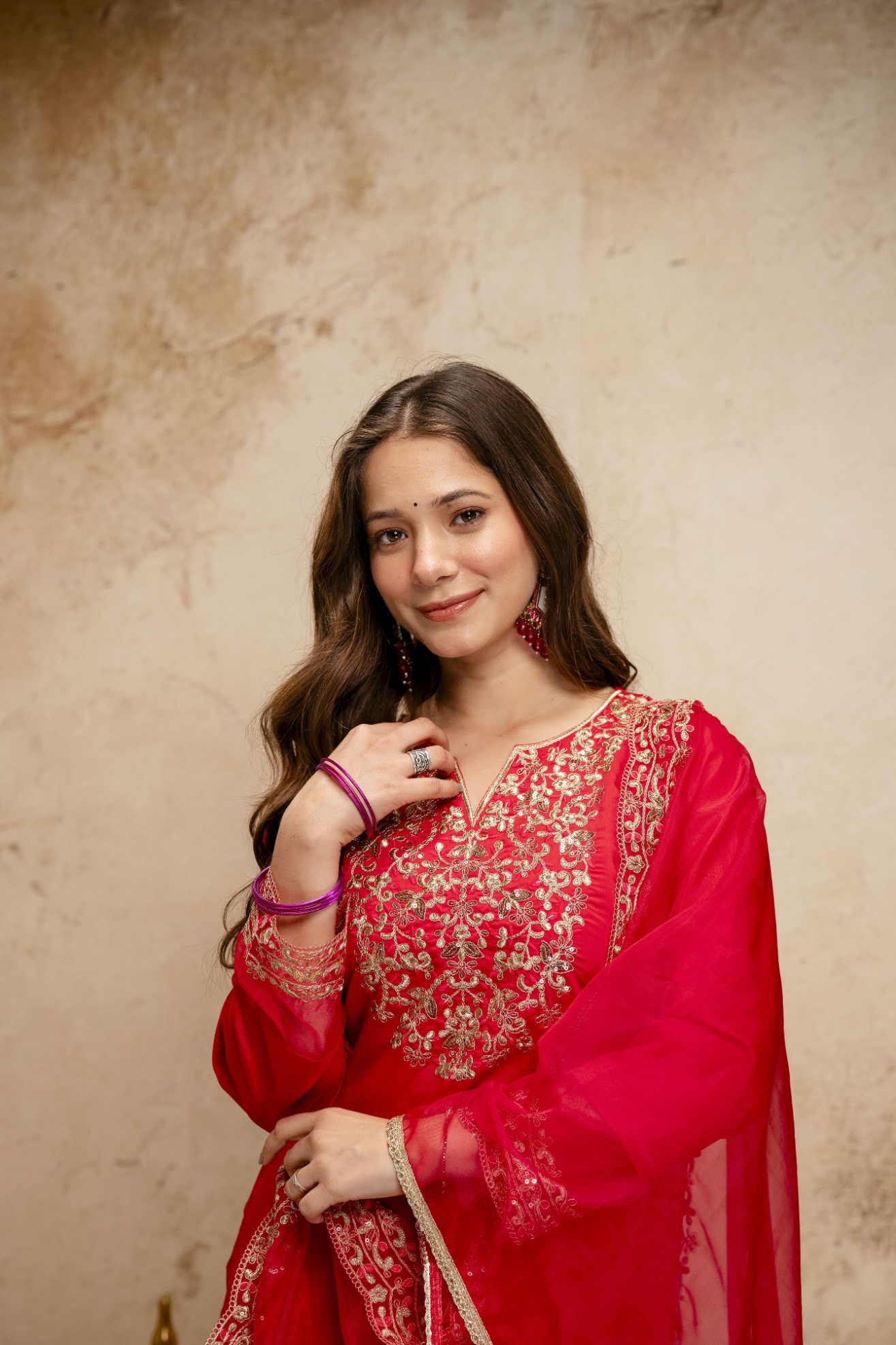 Red Designer Embroidered Chanderi Salwar Suit