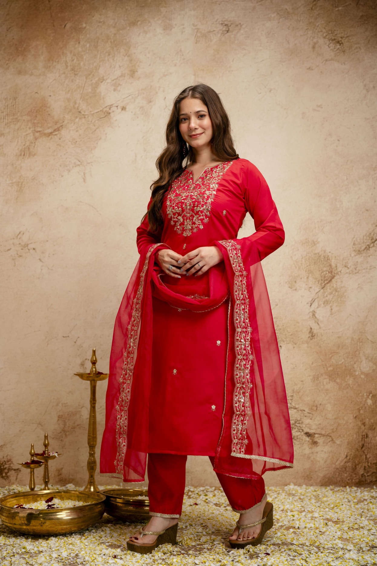 Red Designer Embroidered Chanderi Salwar Suit