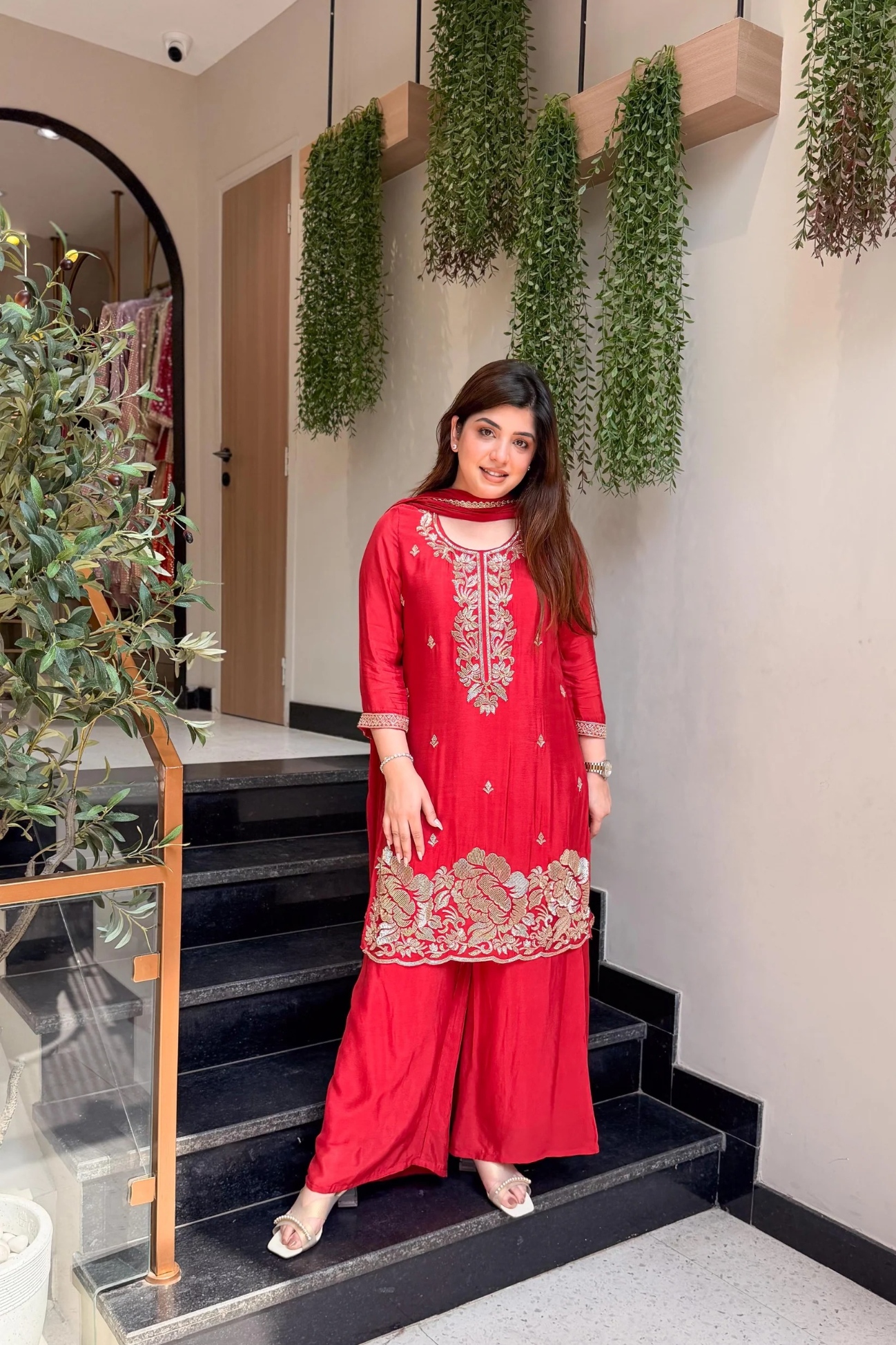 Red Designer Embroidery Franch Crepe Palazzo Suit