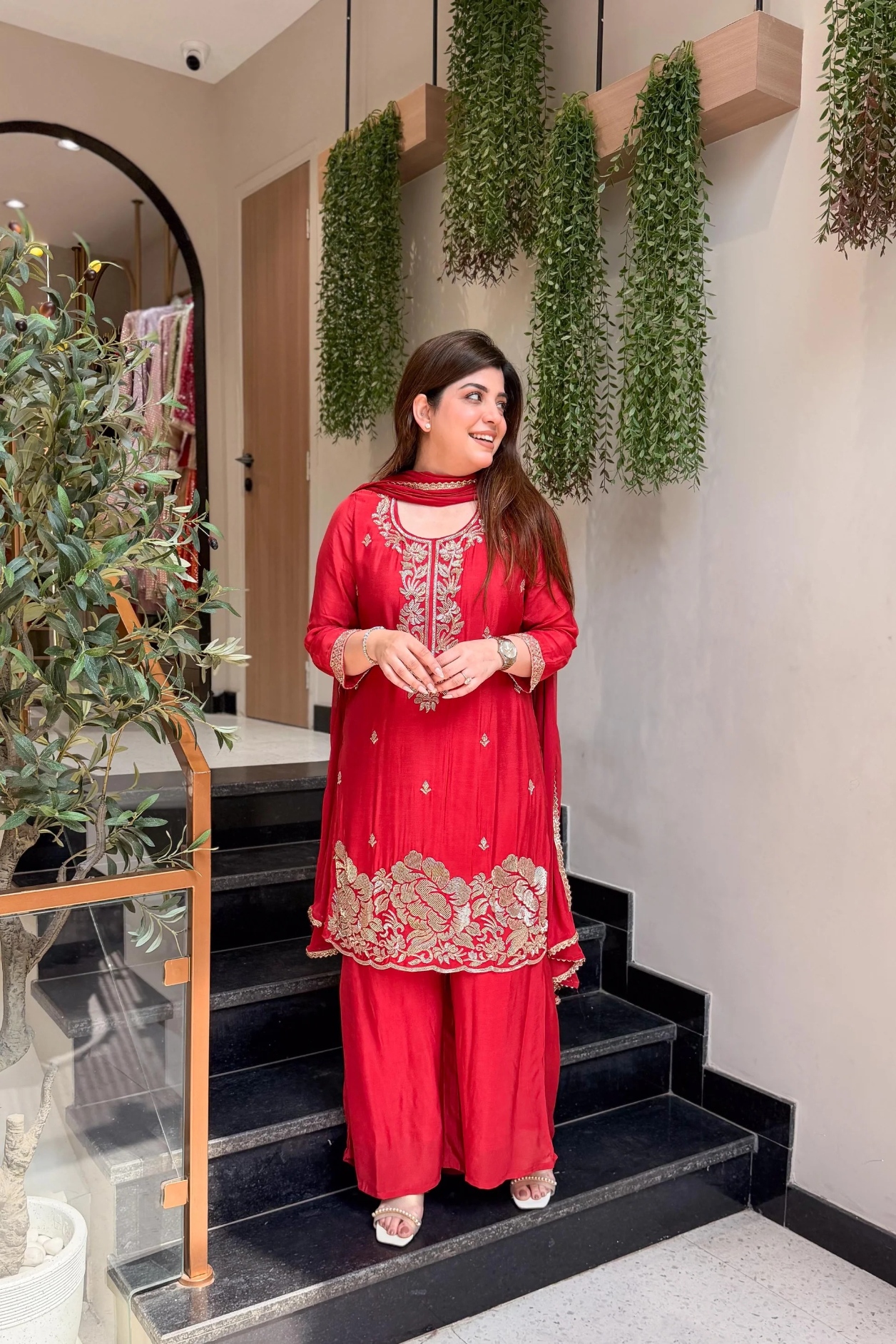 Red Designer Embroidery Franch Crepe Palazzo Suit — alternate view