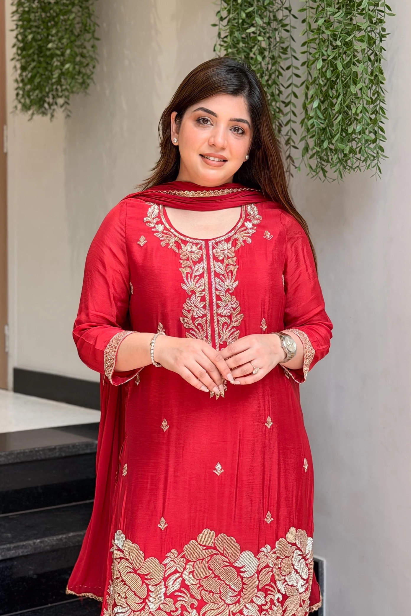 Red Designer Embroidery Franch Crepe Palazzo Suit