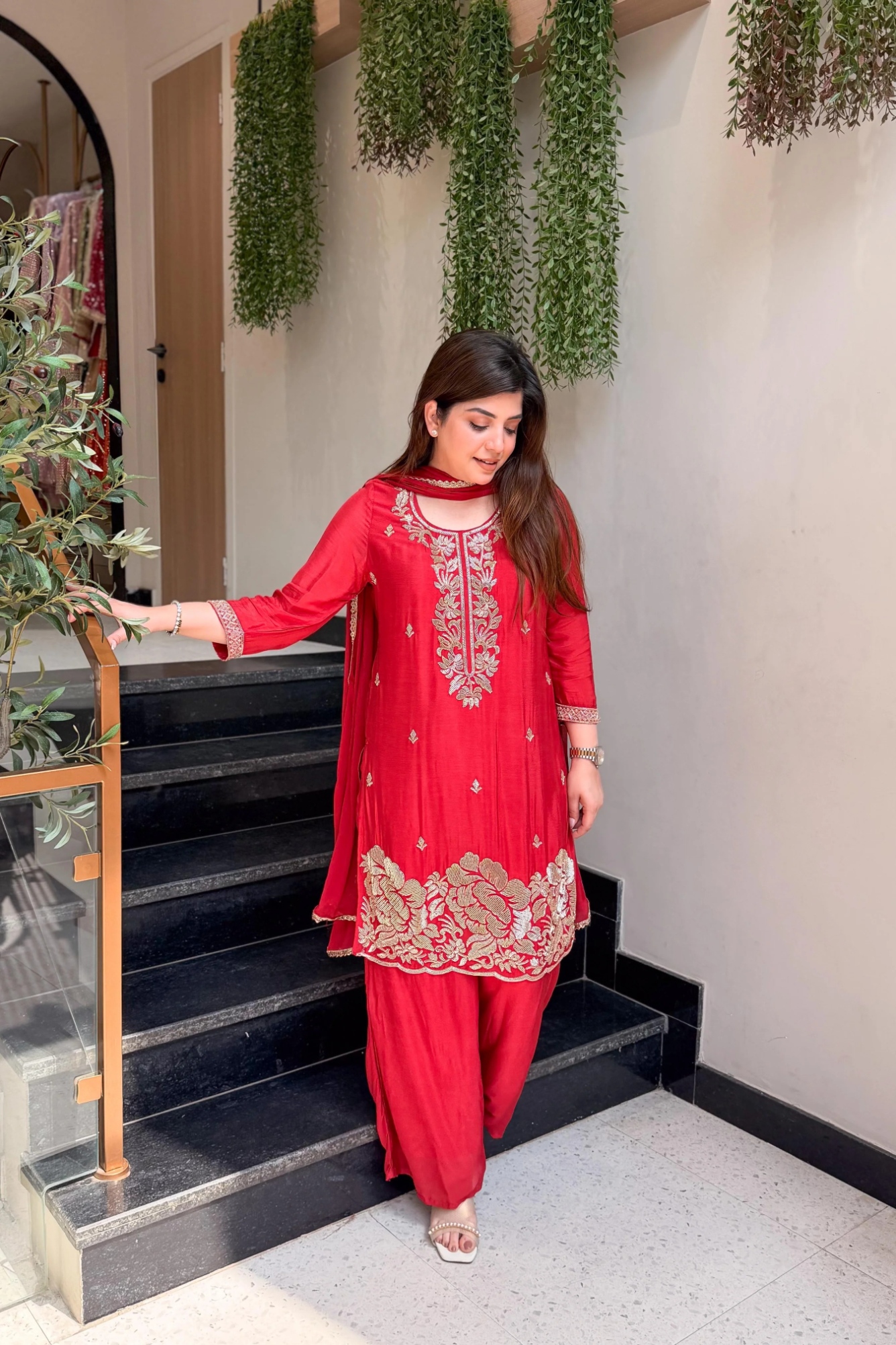 Red Designer Embroidery Franch Crepe Palazzo Suit