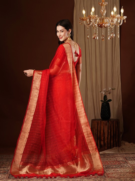 Red Designer Organza Saree — alternate view