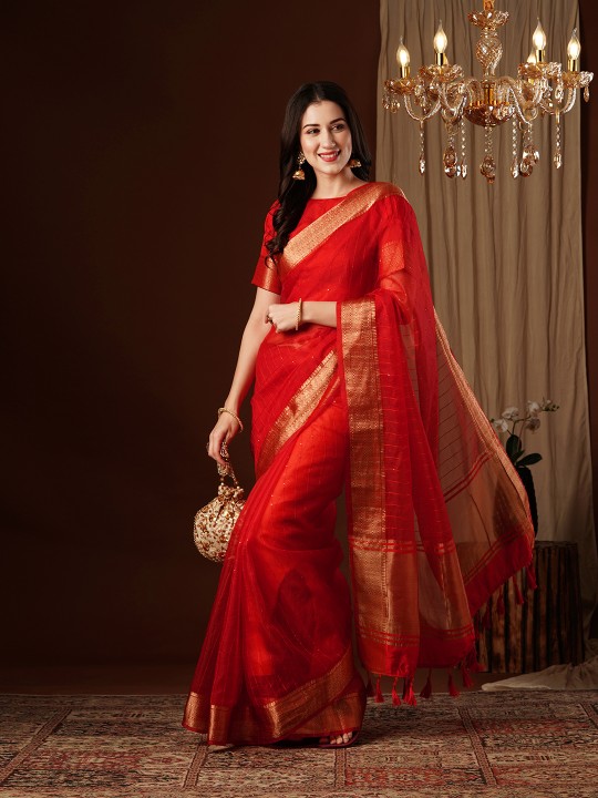 Red Designer Organza Saree