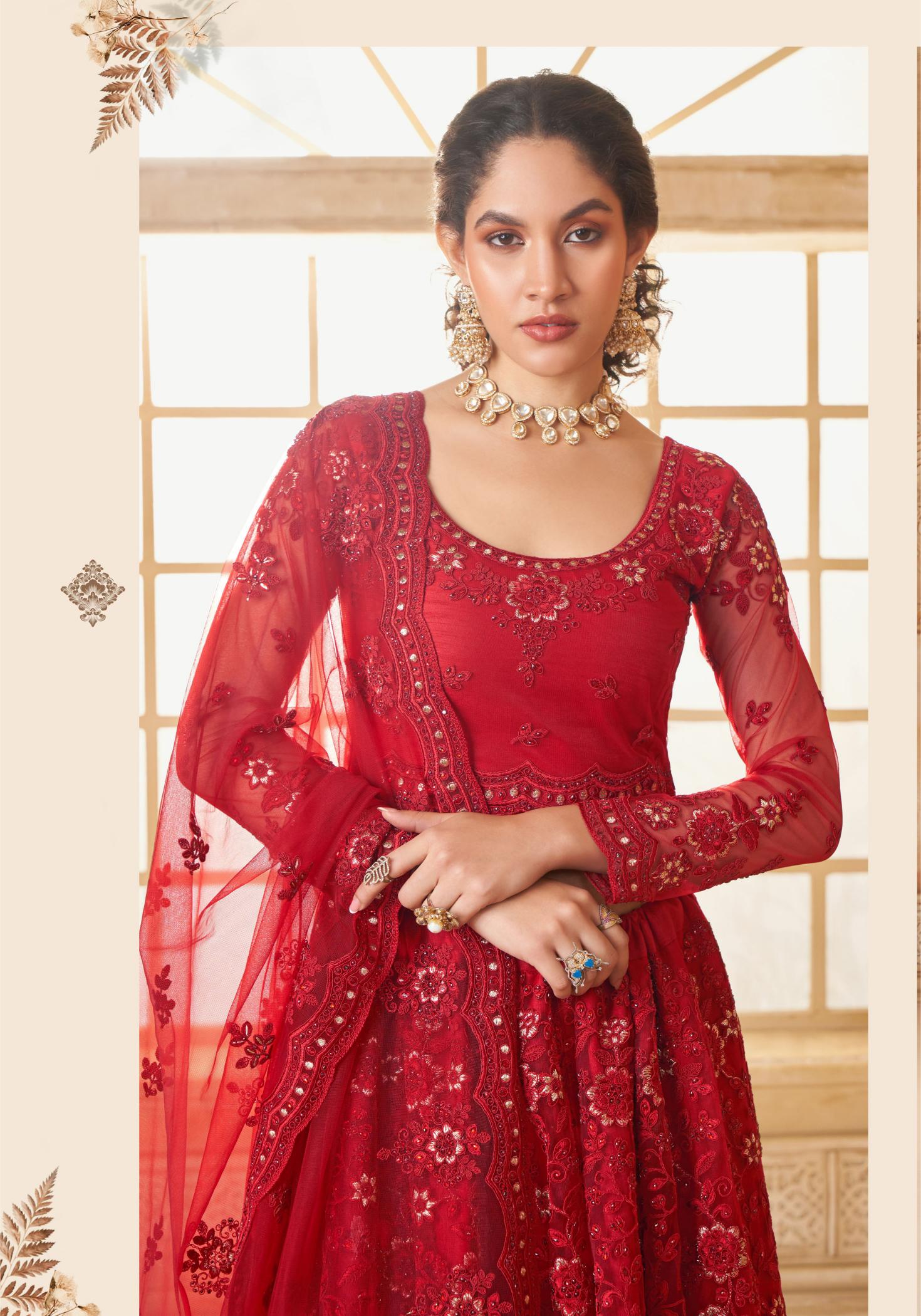 Red Designer Wedding Soft Net Lehenga — alternate view