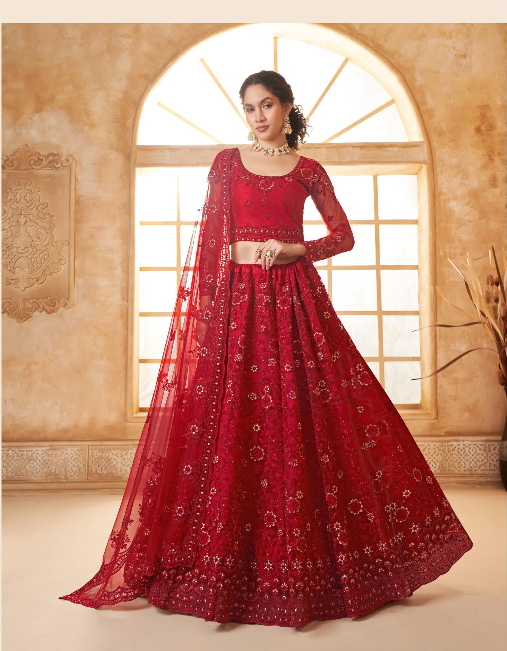 Red Designer Wedding Soft Net Lehenga