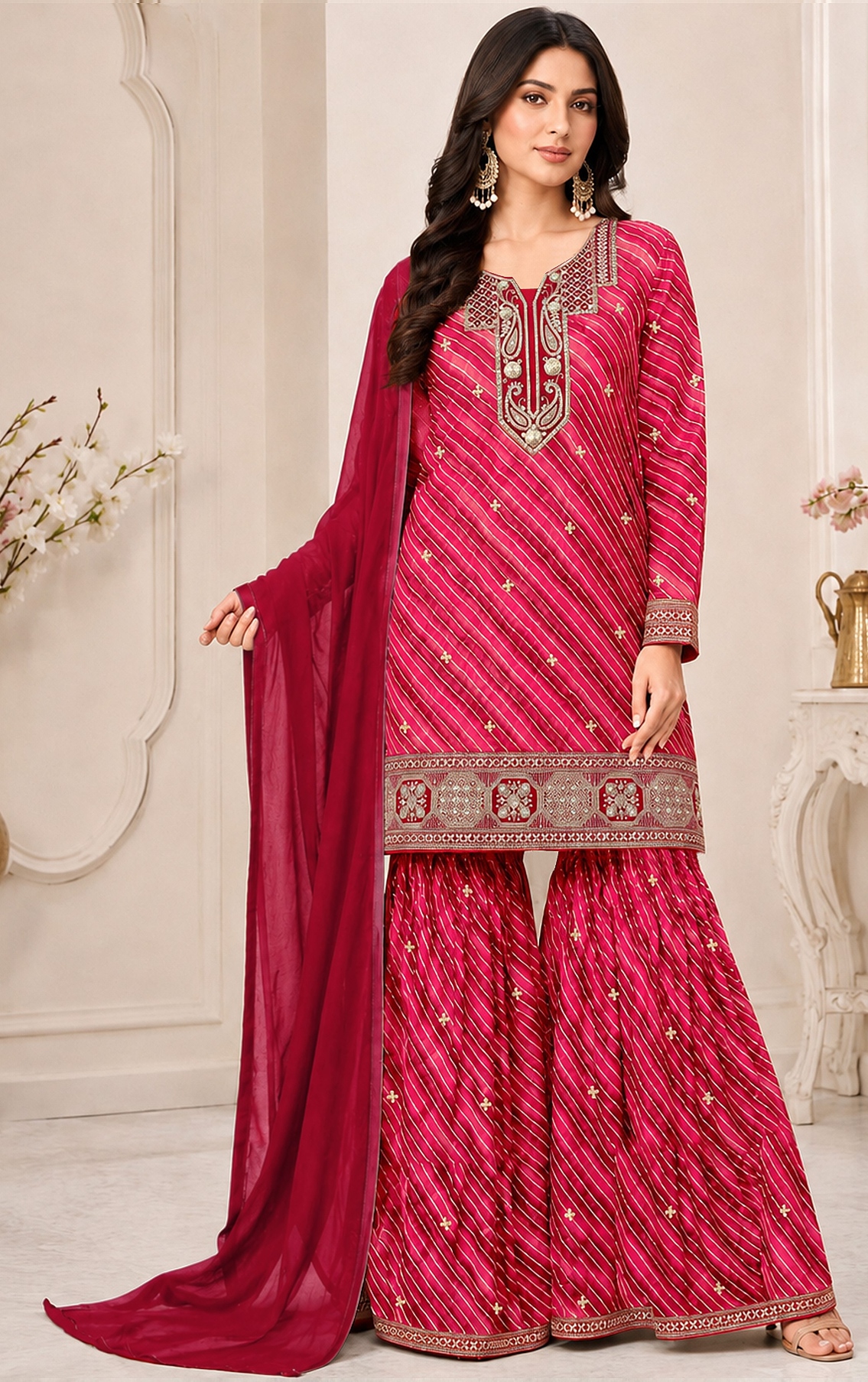 Red Diagonal Embroidered Georgette Sharara Suit