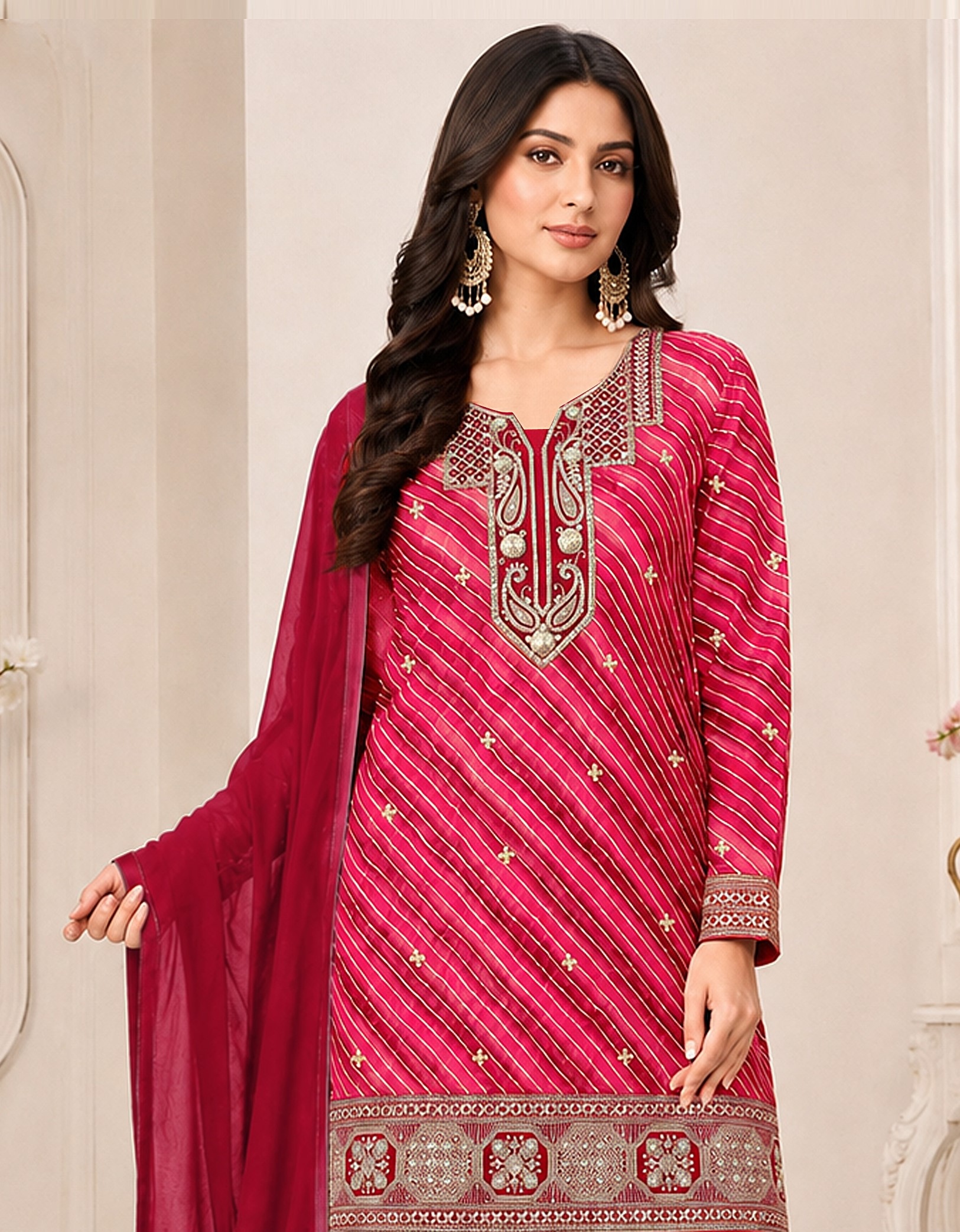 Red Diagonal Embroidered Georgette Sharara Suit — alternate view