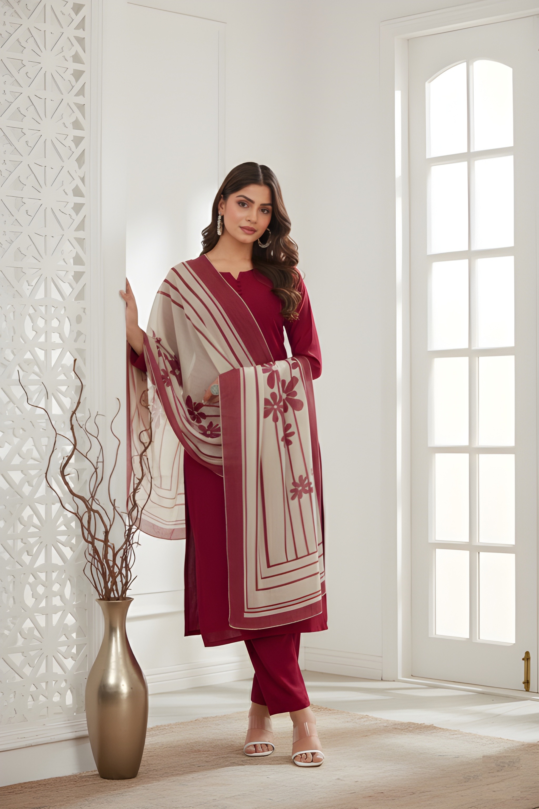Red Digital Printed Roman Silk Salwar Suit