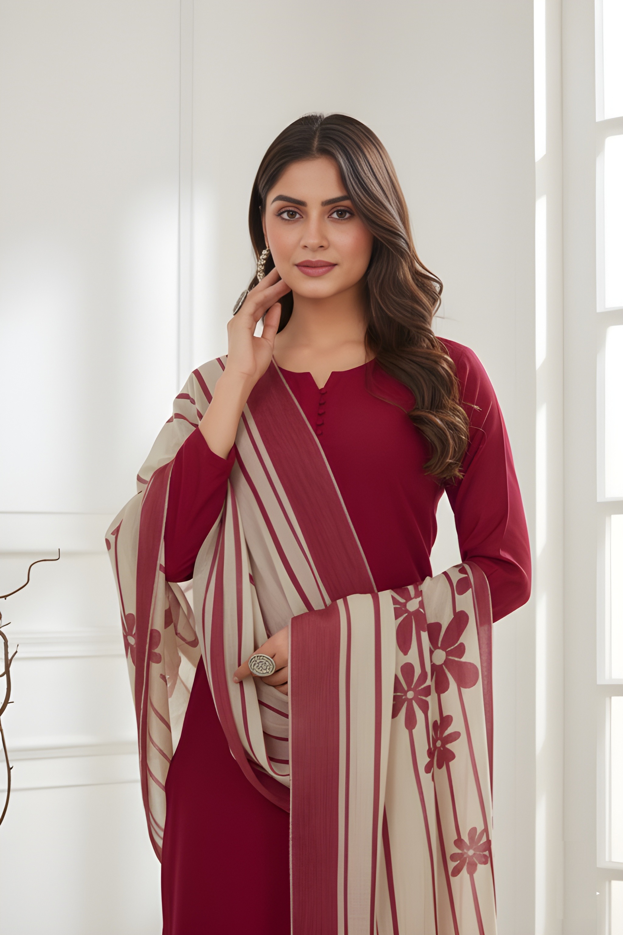 Red Digital Printed Roman Silk Salwar Suit