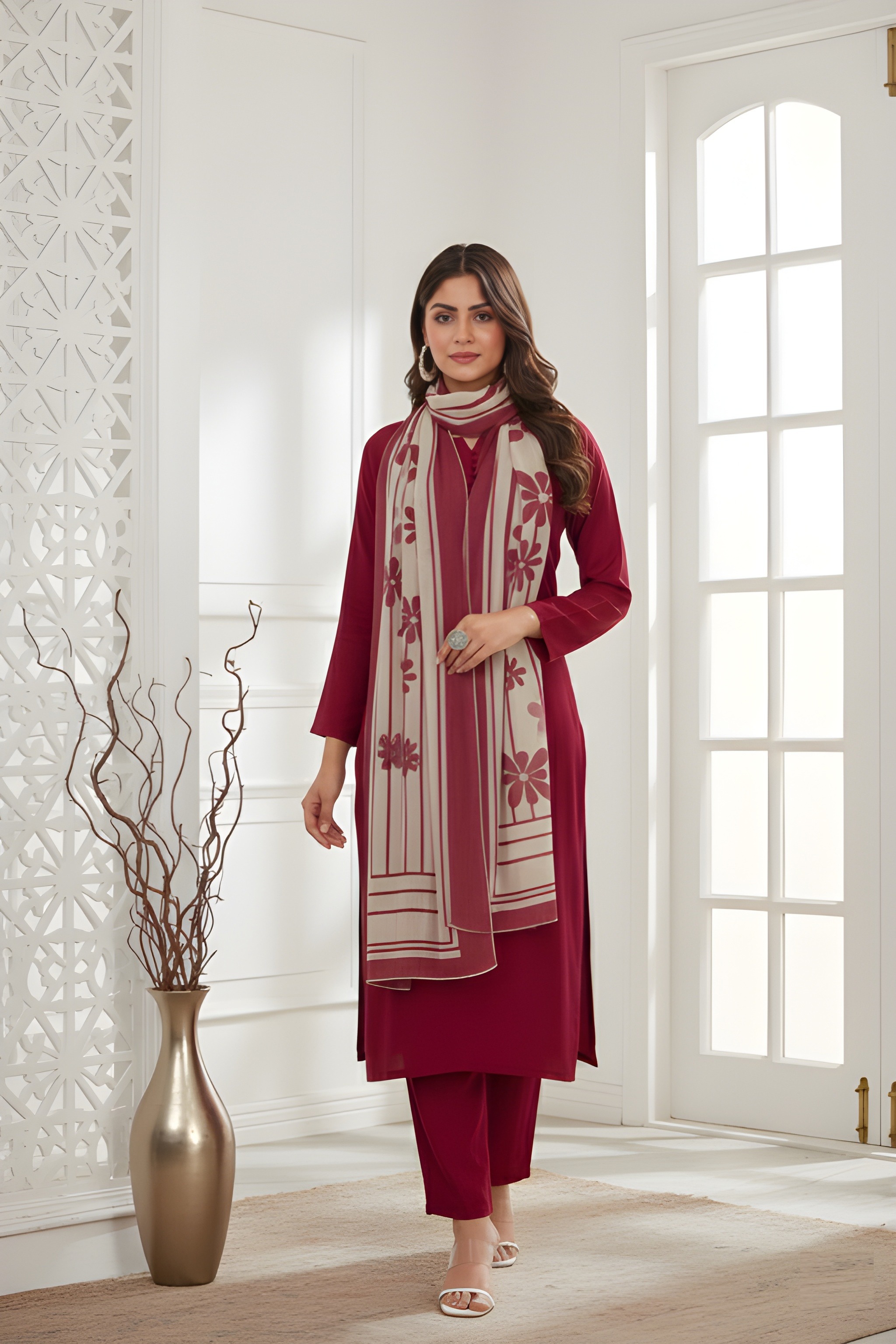 Red Digital Printed Roman Silk Salwar Suit