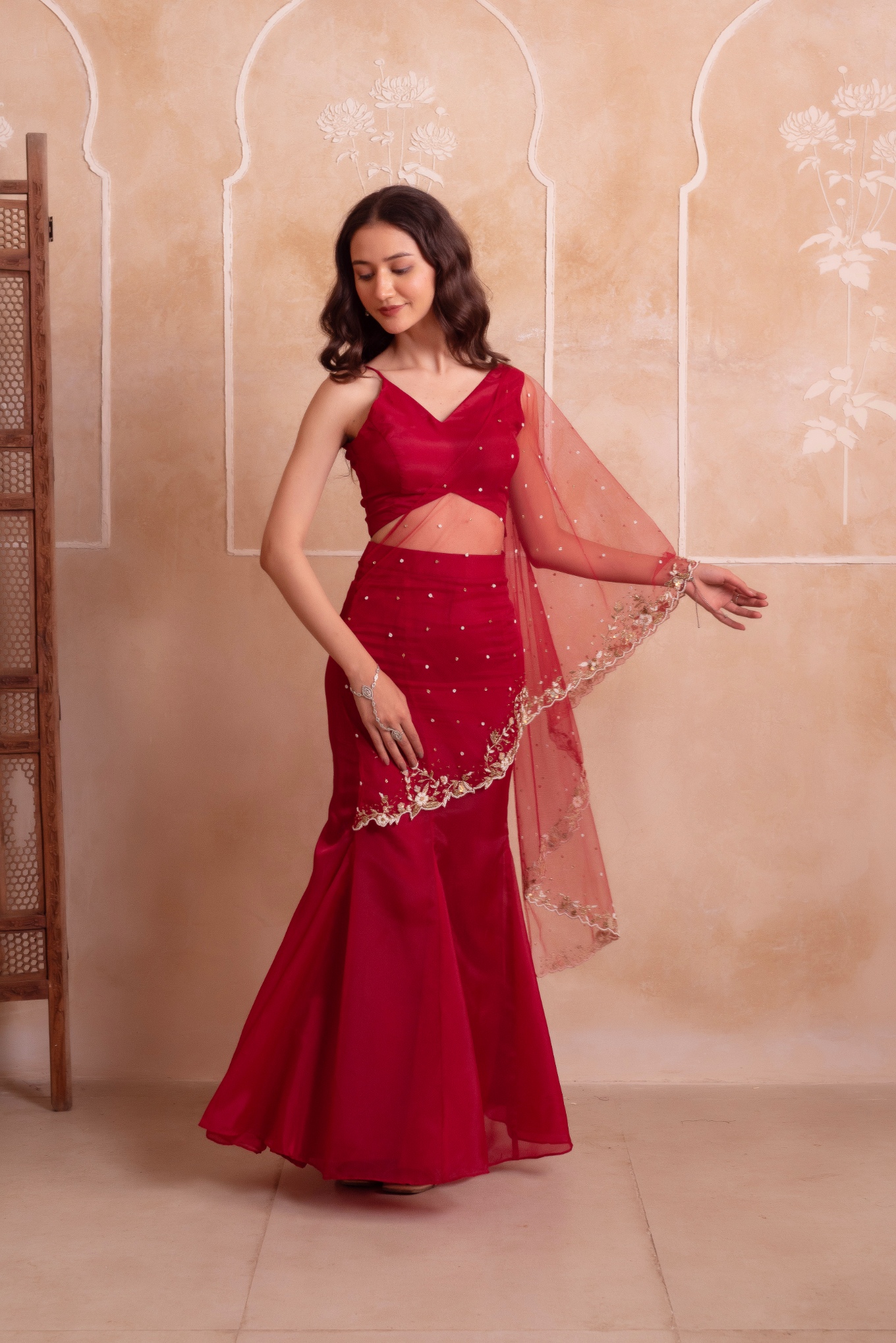 Red Dupatta Embroidered Organza Lehenga Choli