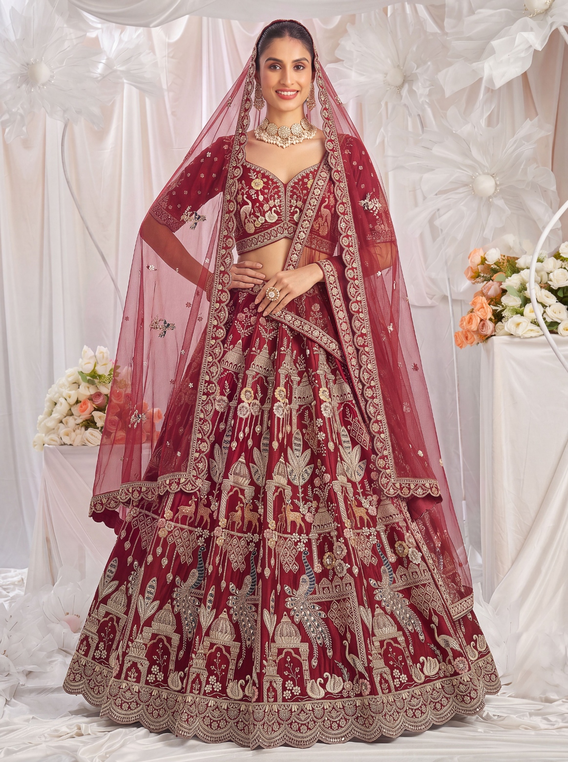 Red Elephant Zari Sequins Silk Bridal Lehenga Choli