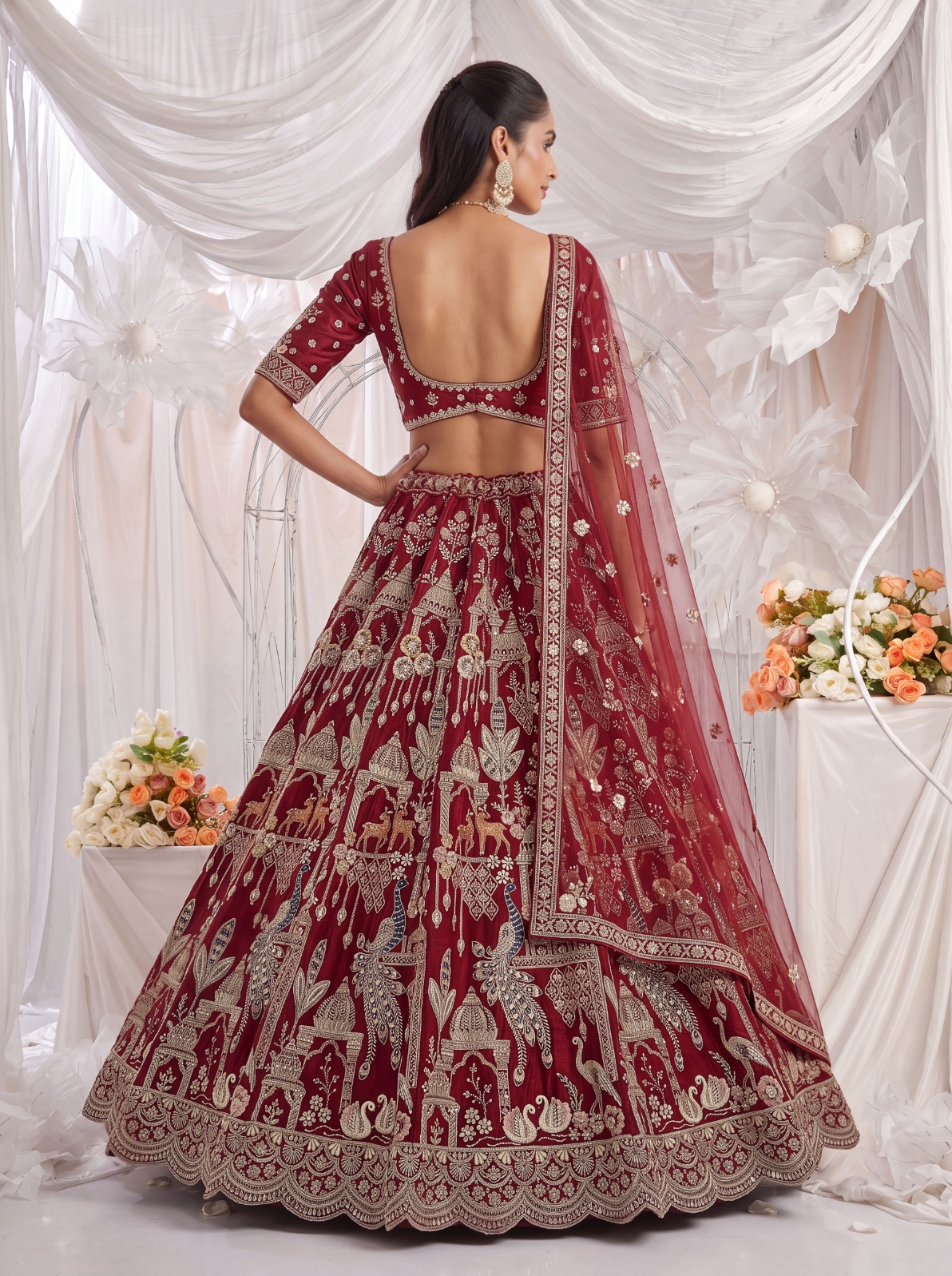 Red Elephant Zari Sequins Silk Bridal Lehenga Choli — alternate view