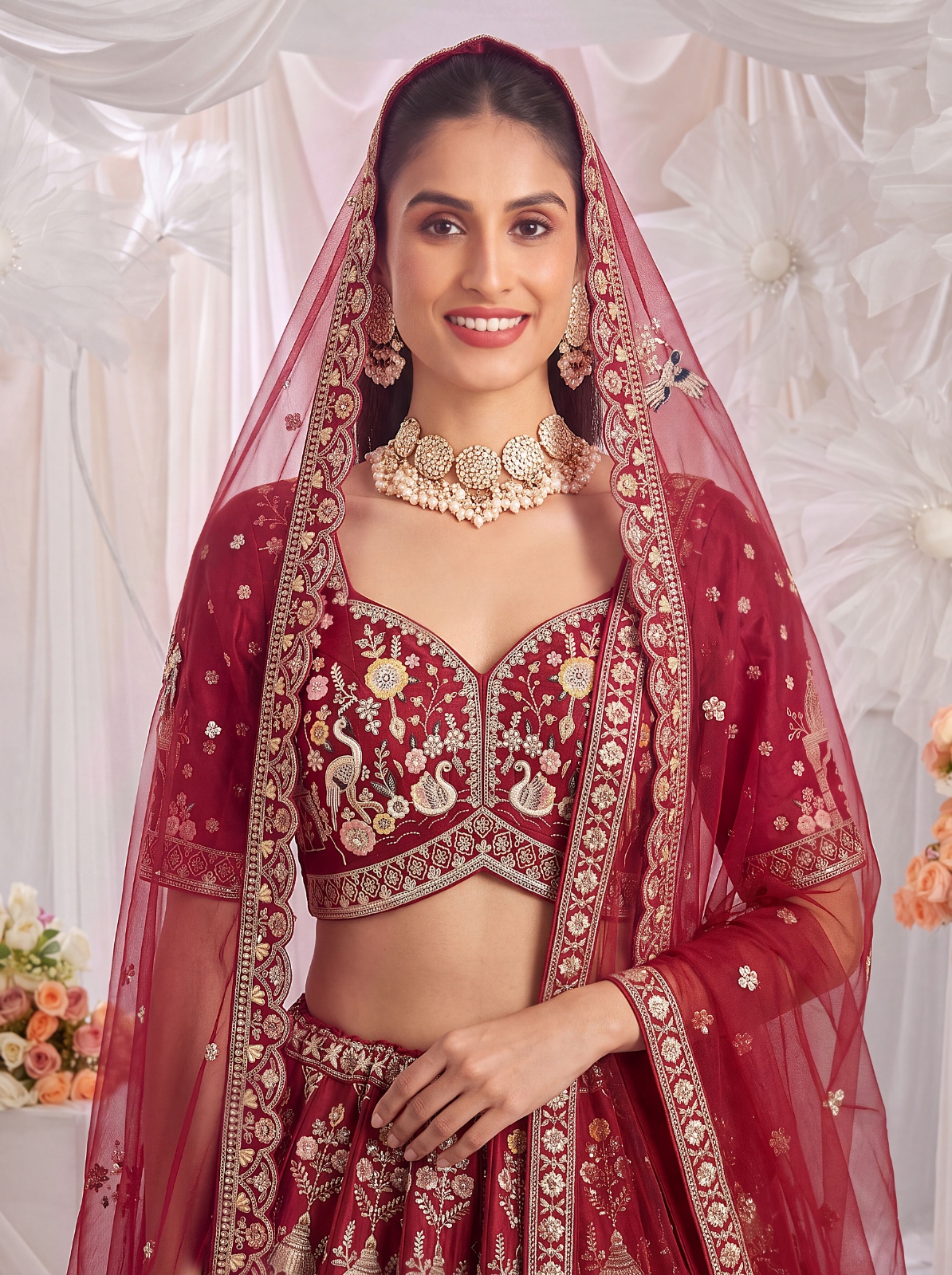 Red Elephant Zari Sequins Silk Bridal Lehenga Choli