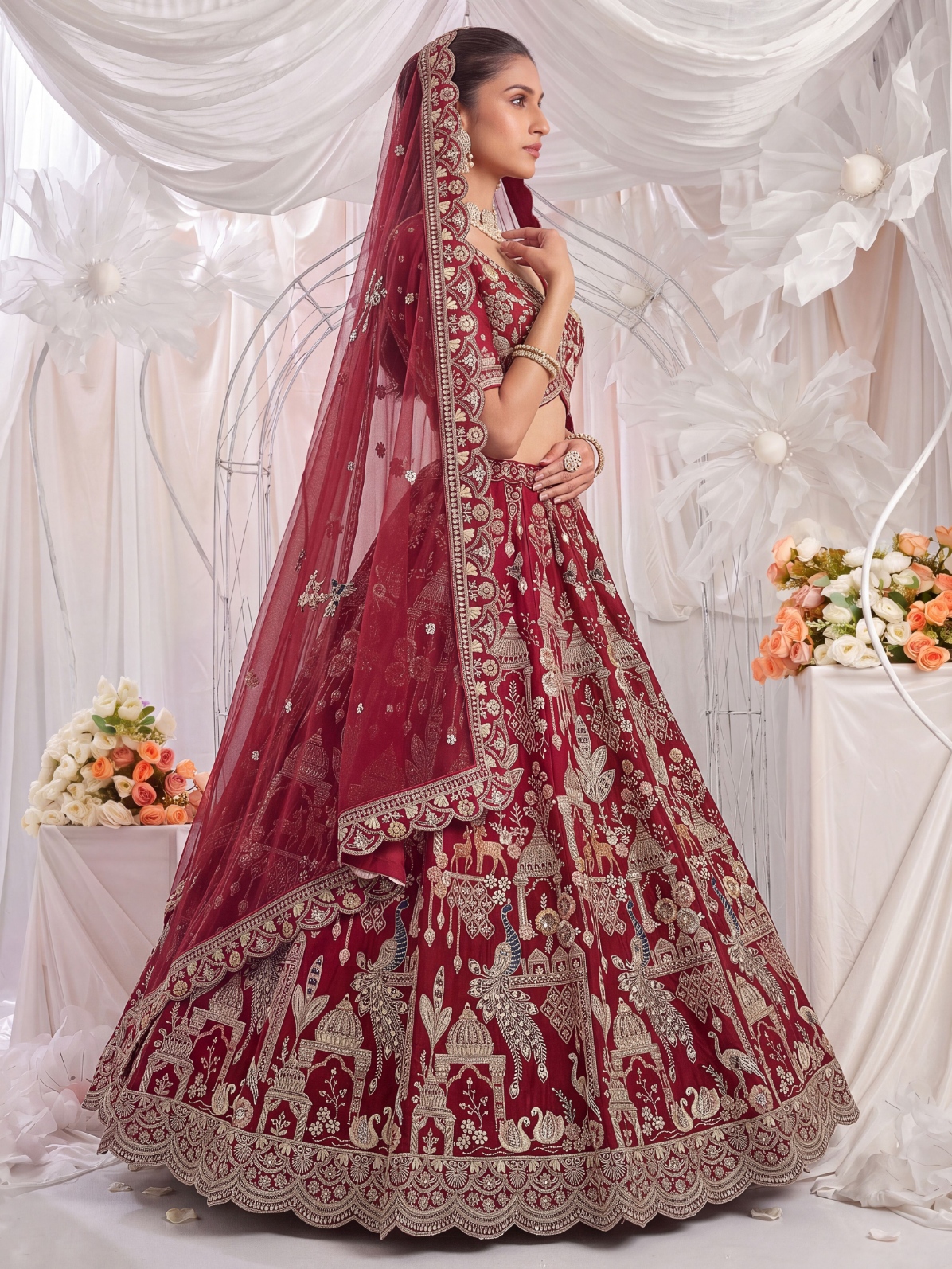 Red Elephant Zari Sequins Silk Bridal Lehenga Choli