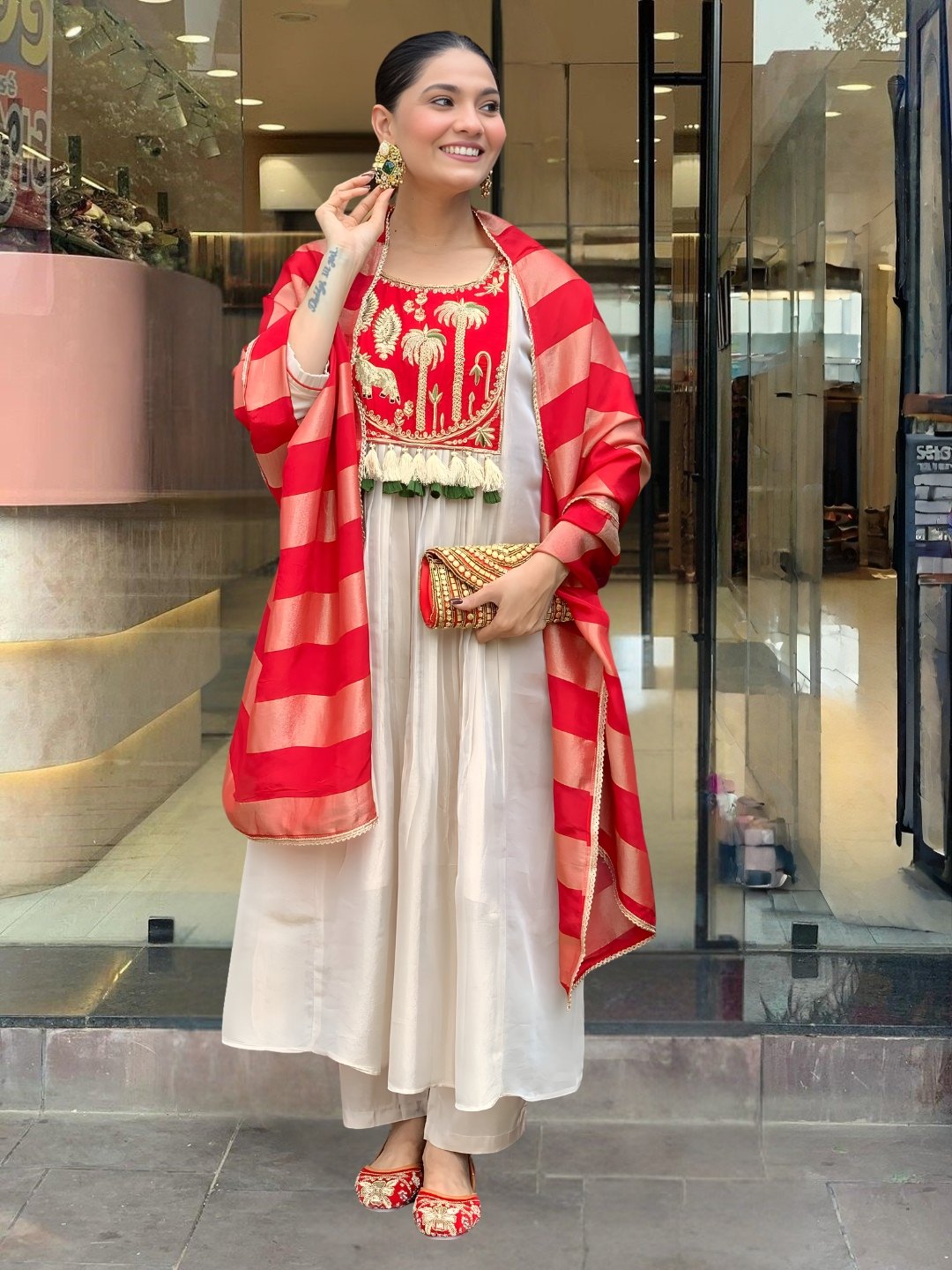 Red Embroidered A-Line Salwar Suit