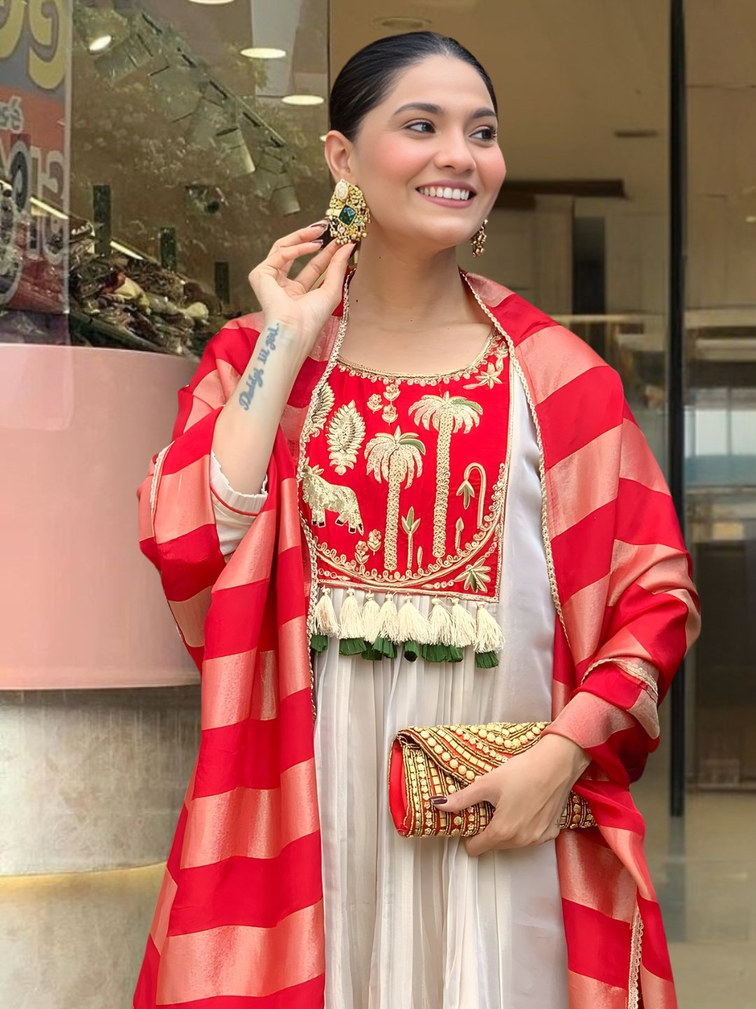 Red Embroidered A-Line Salwar Suit — alternate view