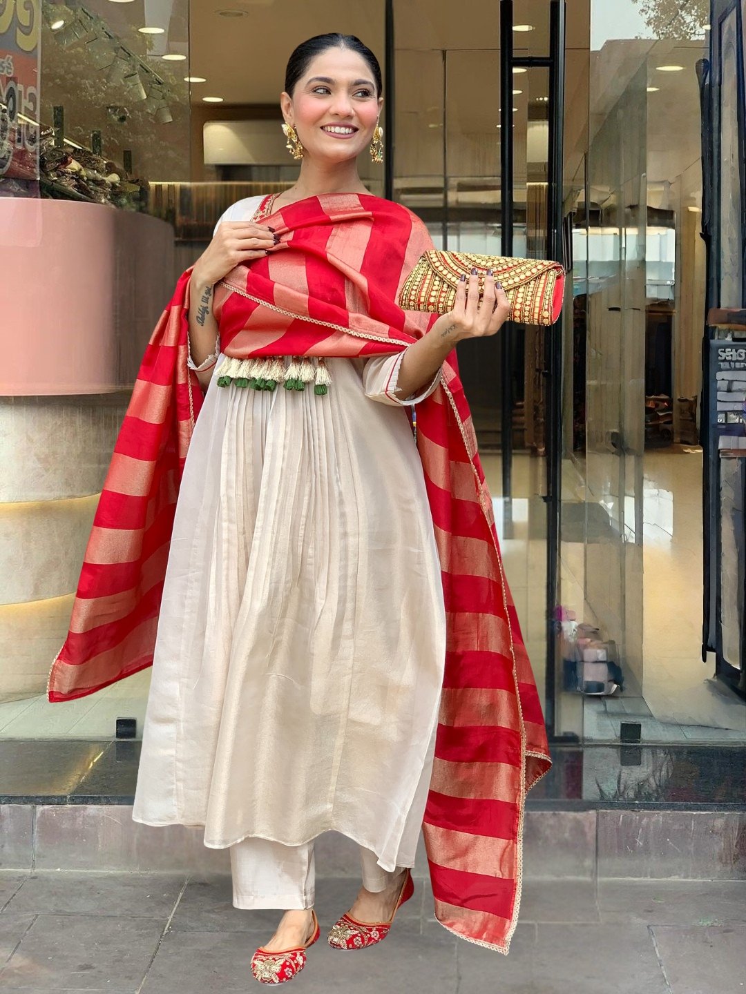 Red Embroidered A-Line Salwar Suit