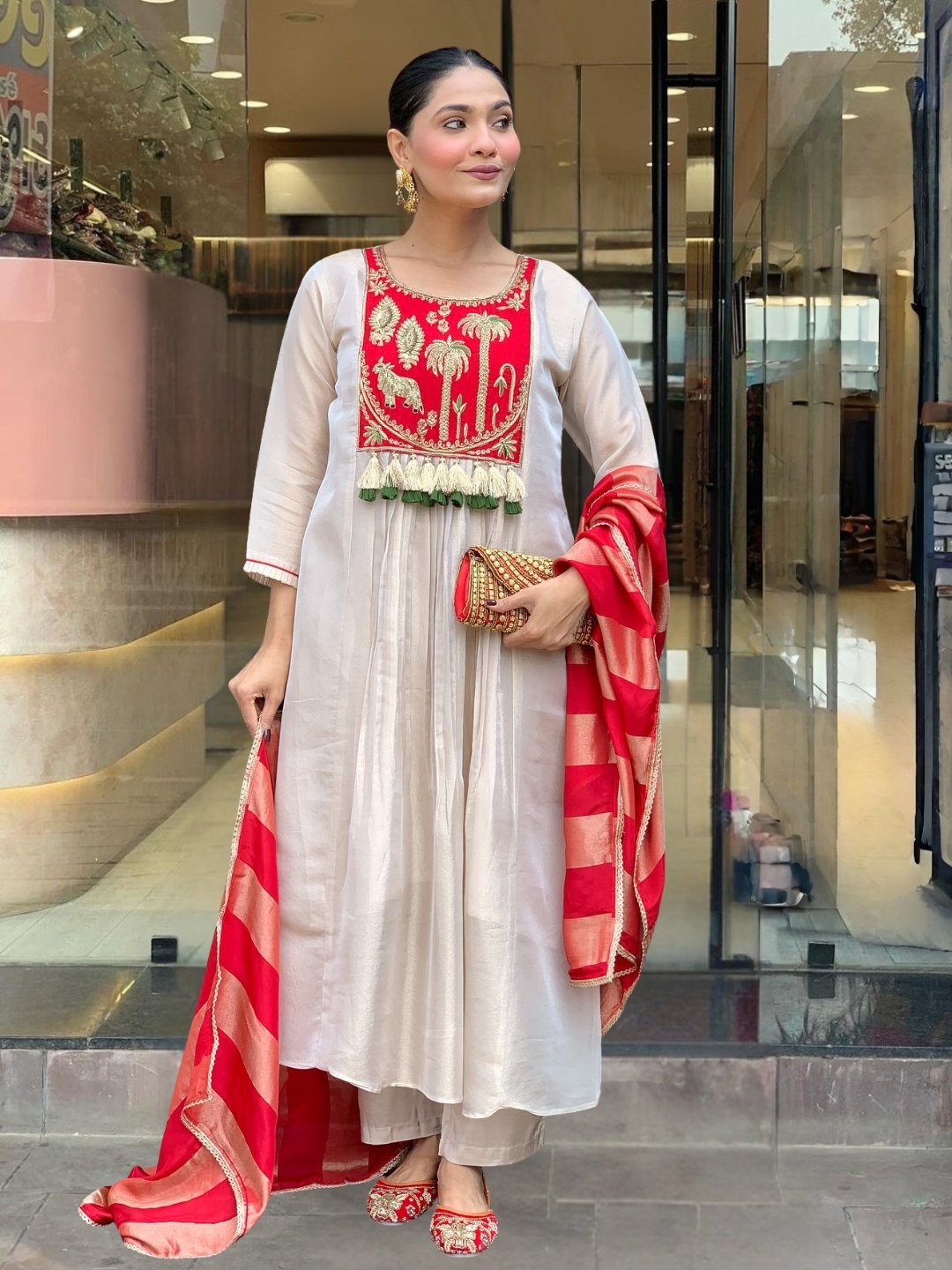 Red Embroidered A-Line Salwar Suit