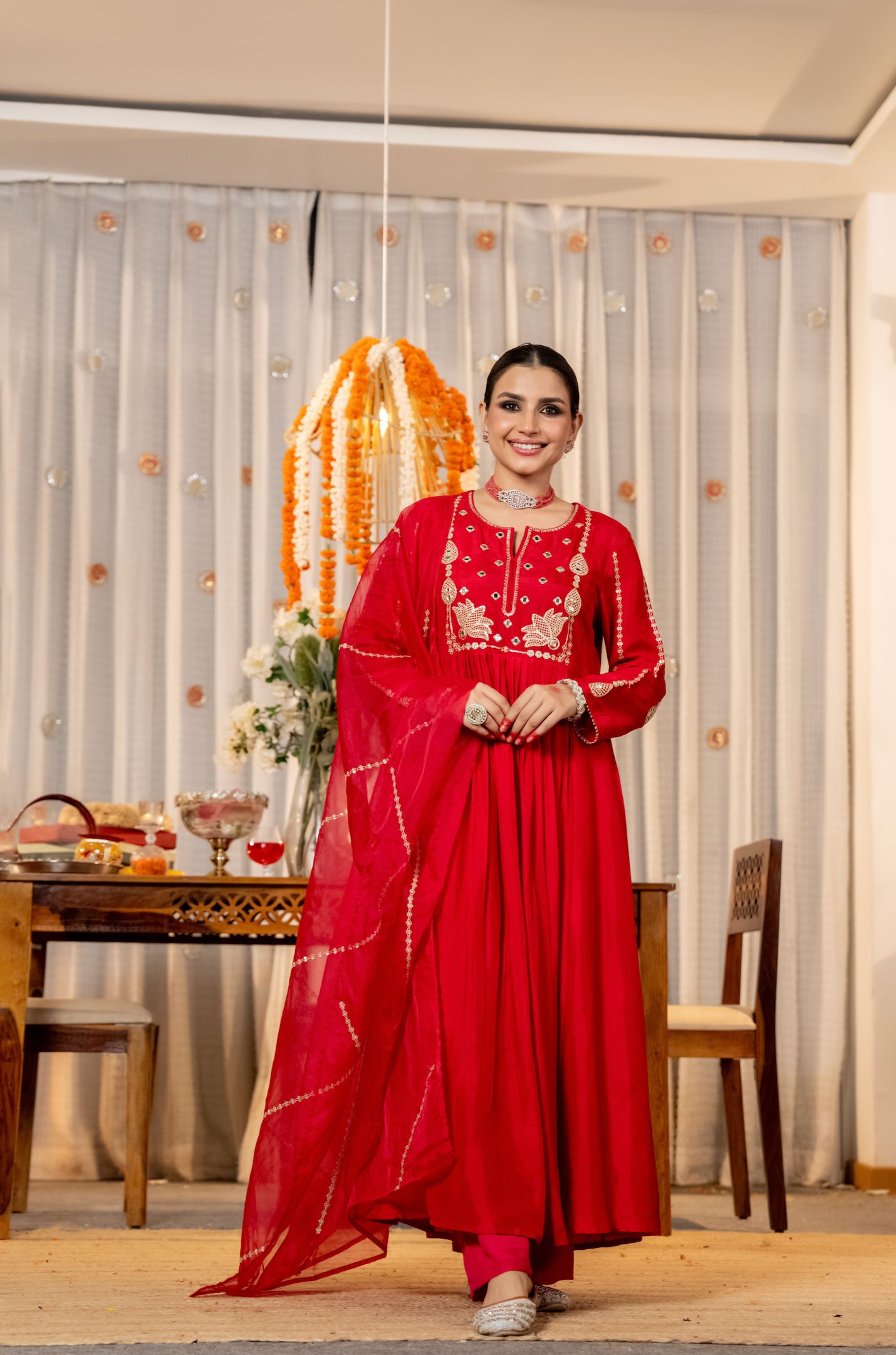 Red Embroidered Chanderi Salwar Suit