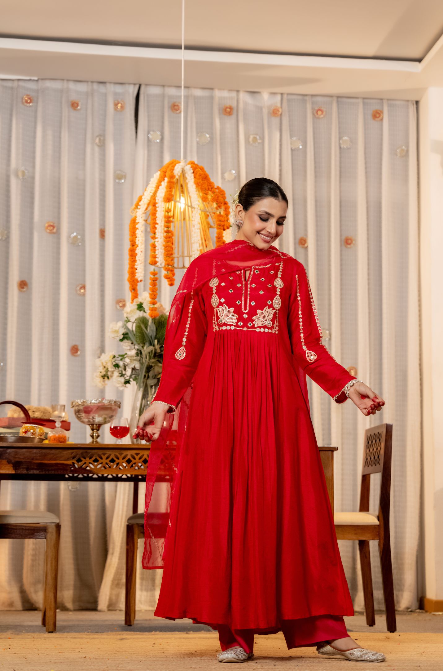 Red Embroidered Chanderi Salwar Suit