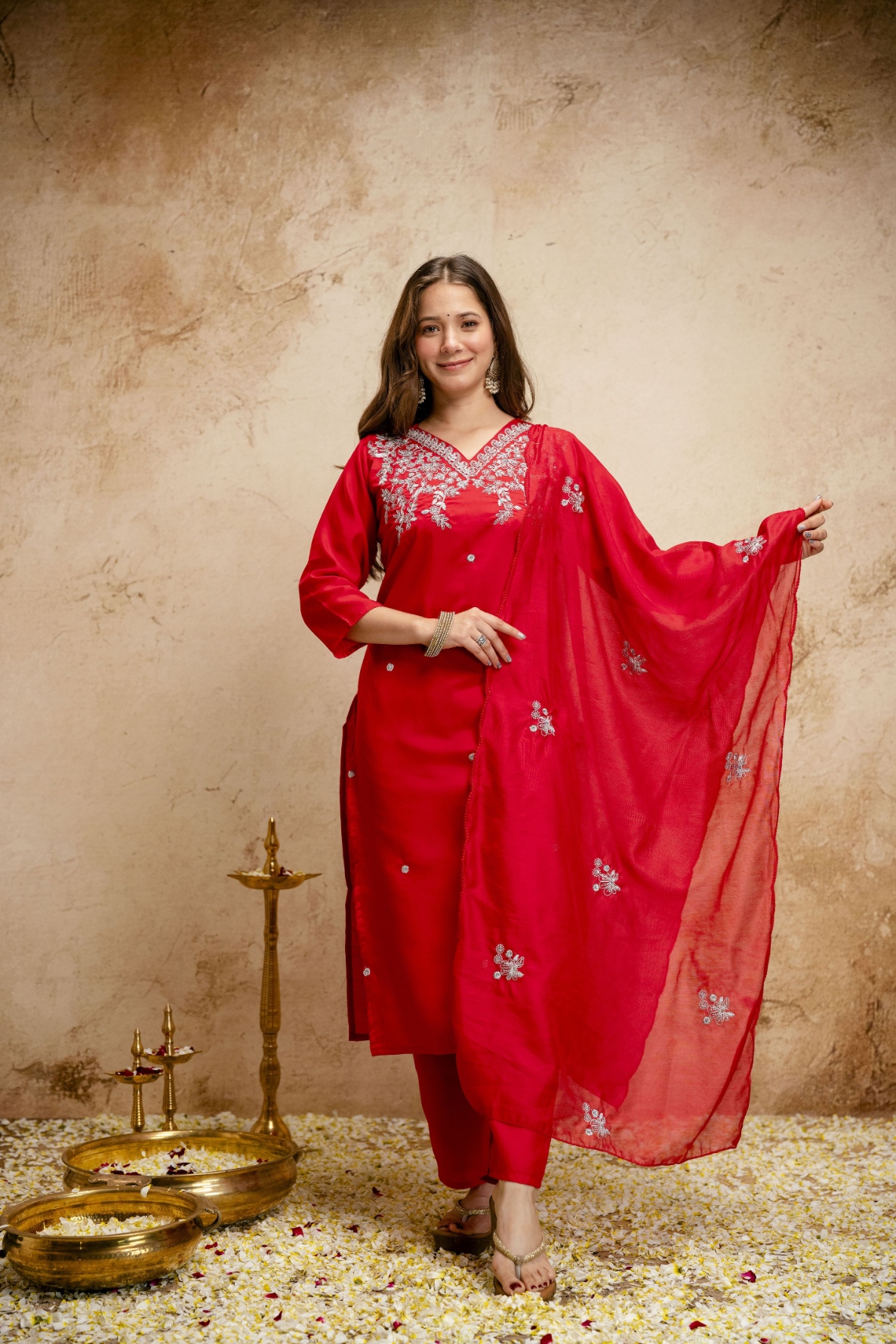 Red Embroidered Chanderi Salwar Suit