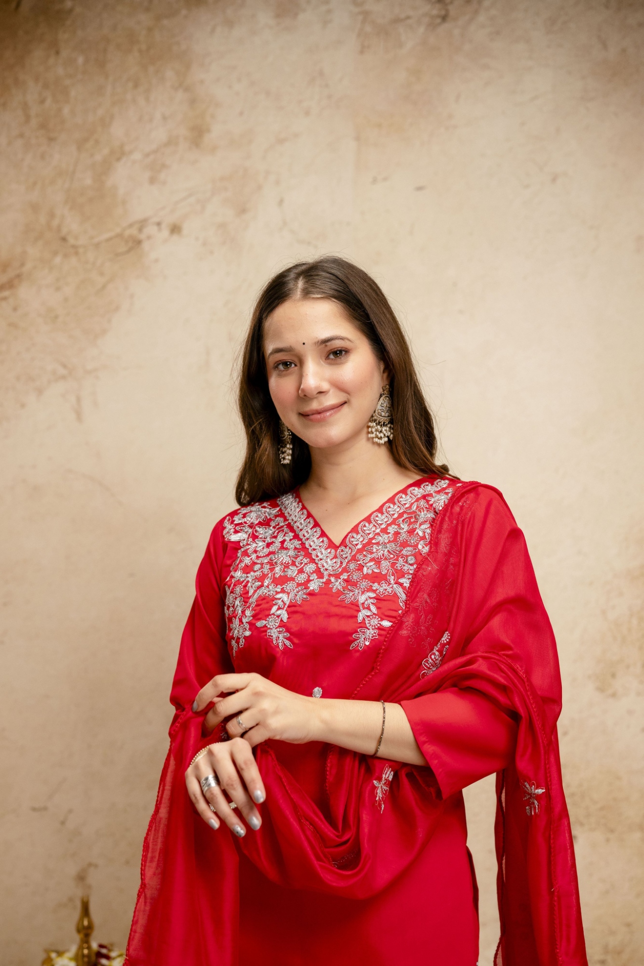 Red Embroidered Chanderi Salwar Suit