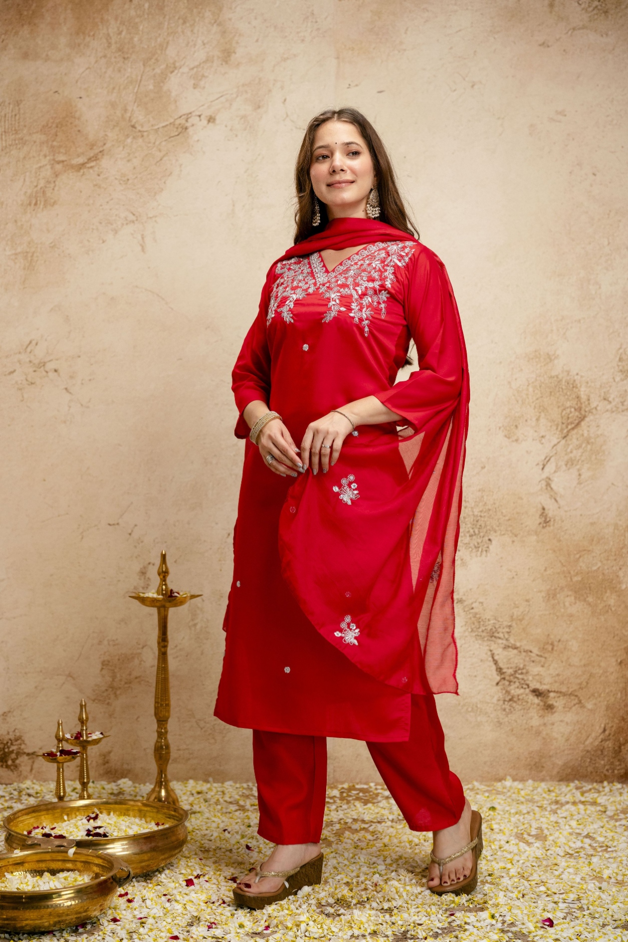 Red Embroidered Chanderi Salwar Suit
