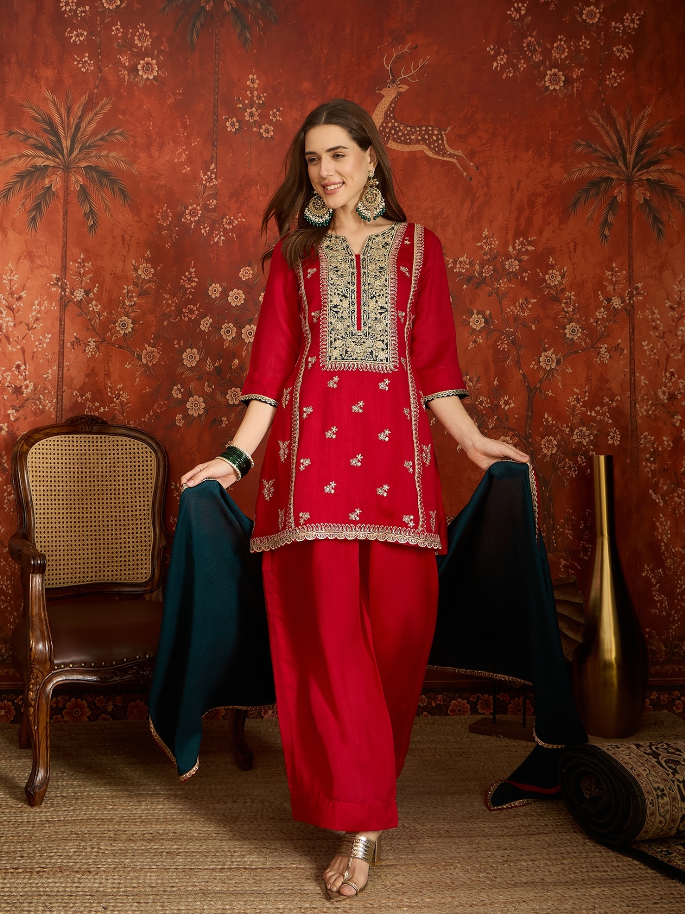 Red Embroidery Work Vichitra Palazzo Suit