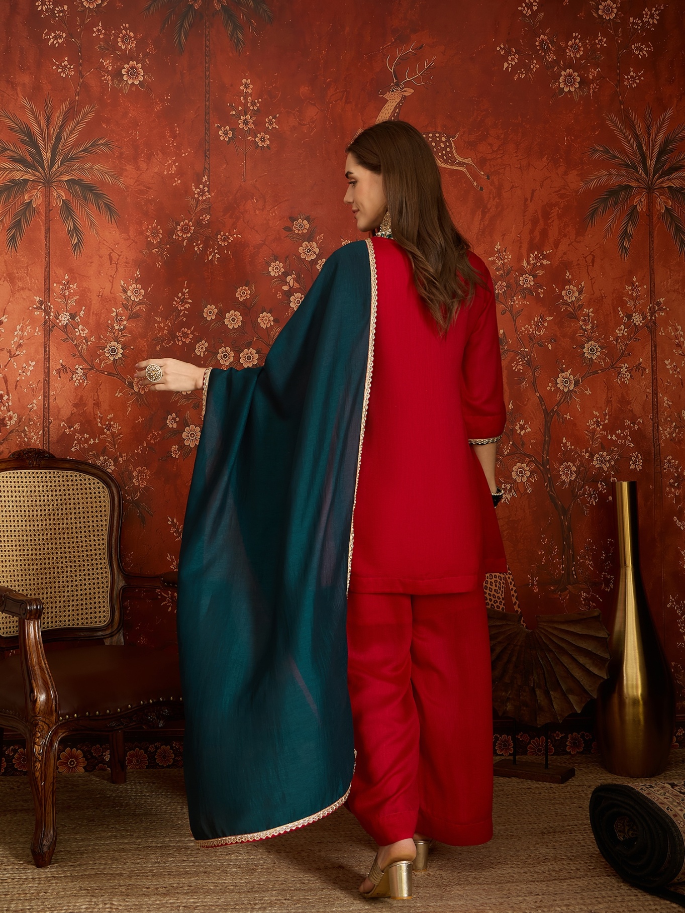 Red Embroidery Work Vichitra Palazzo Suit — alternate view