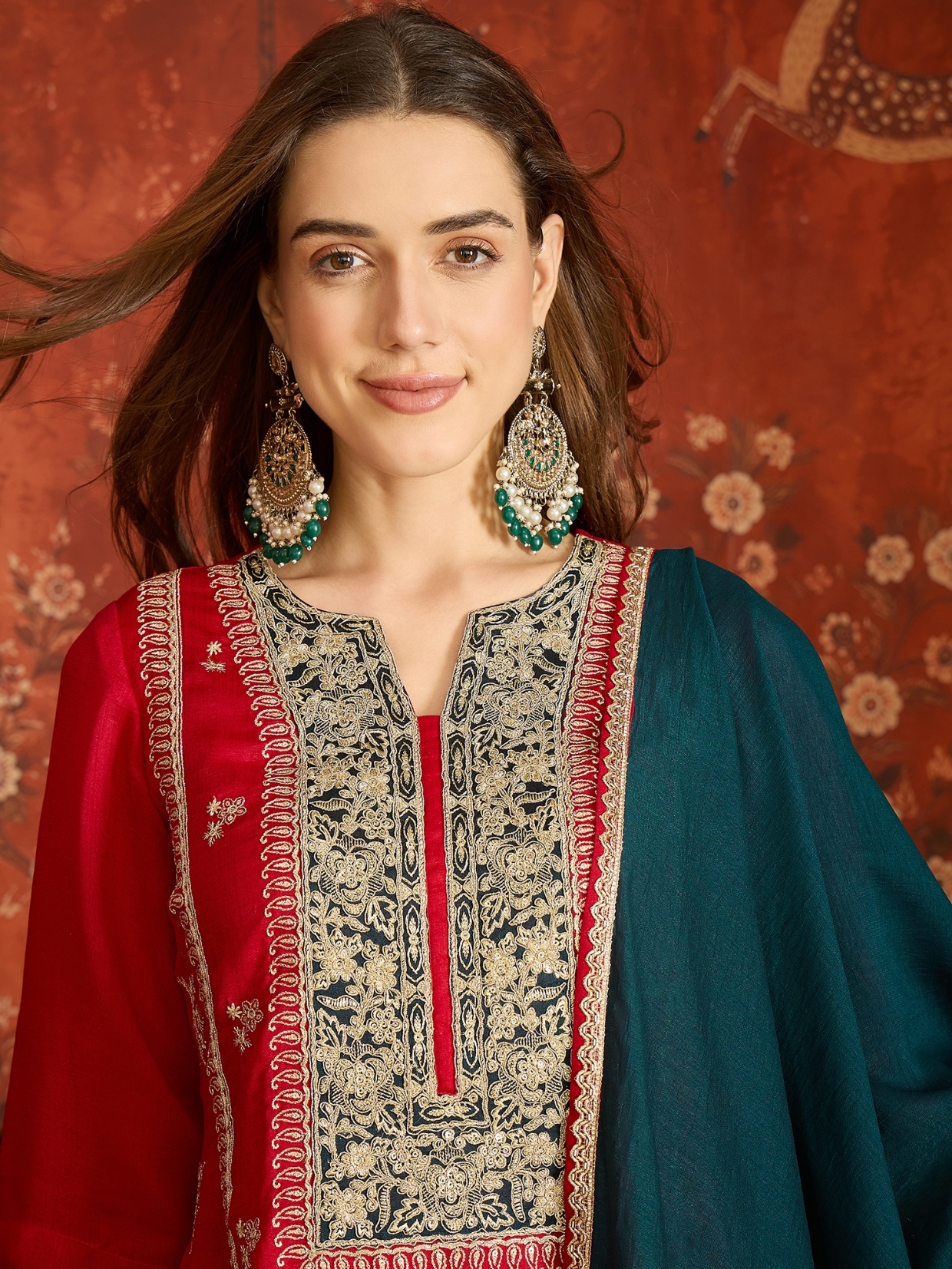 Red Embroidery Work Vichitra Palazzo Suit