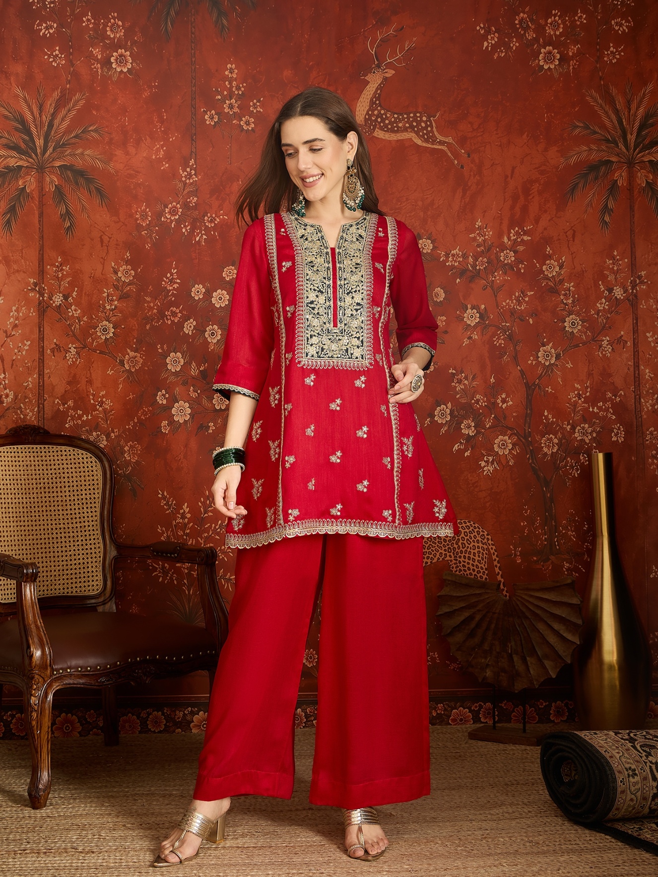 Red Embroidery Work Vichitra Palazzo Suit