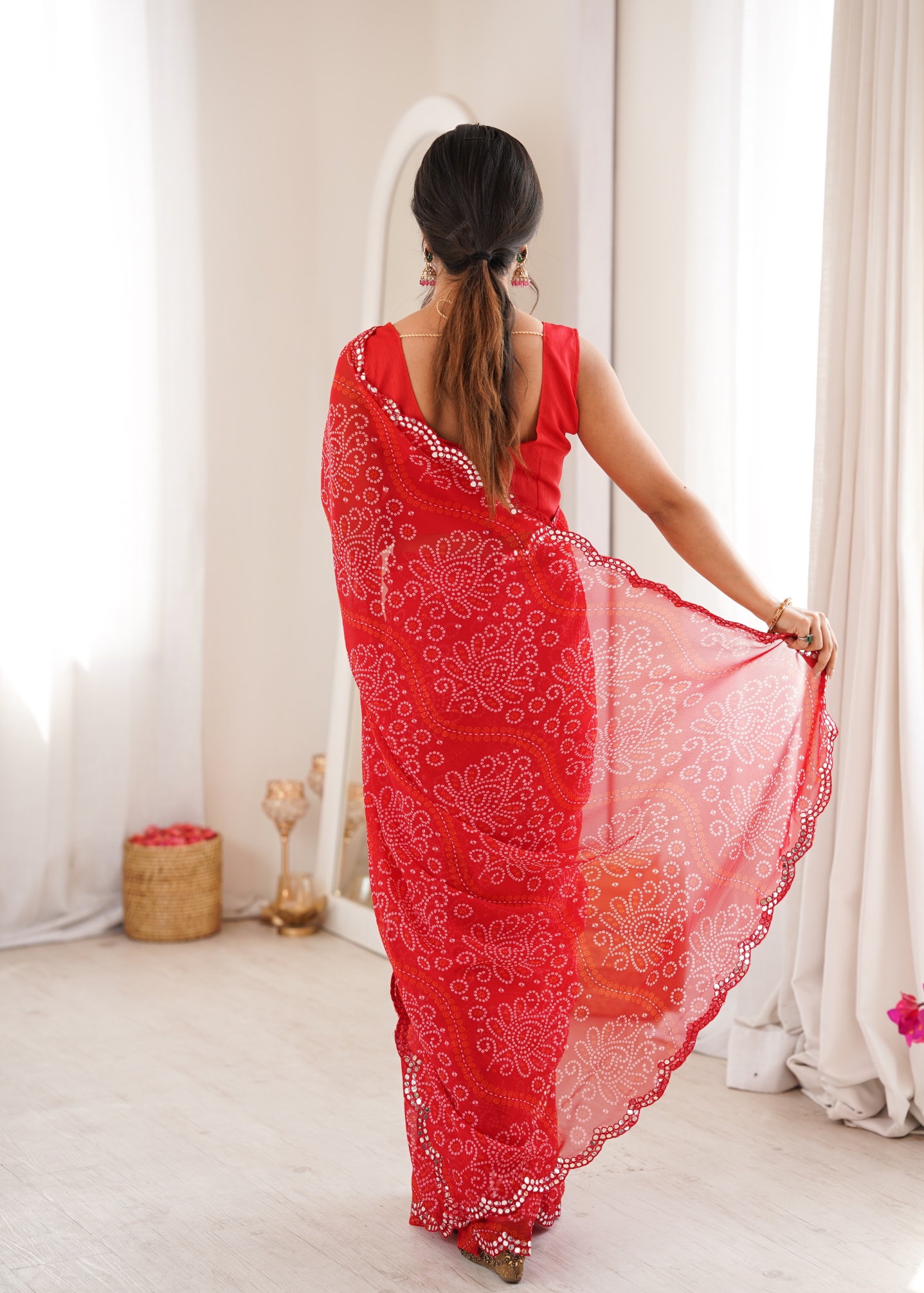 Red Ethnic Motif Bandhani Georgette Saree — alternate view
