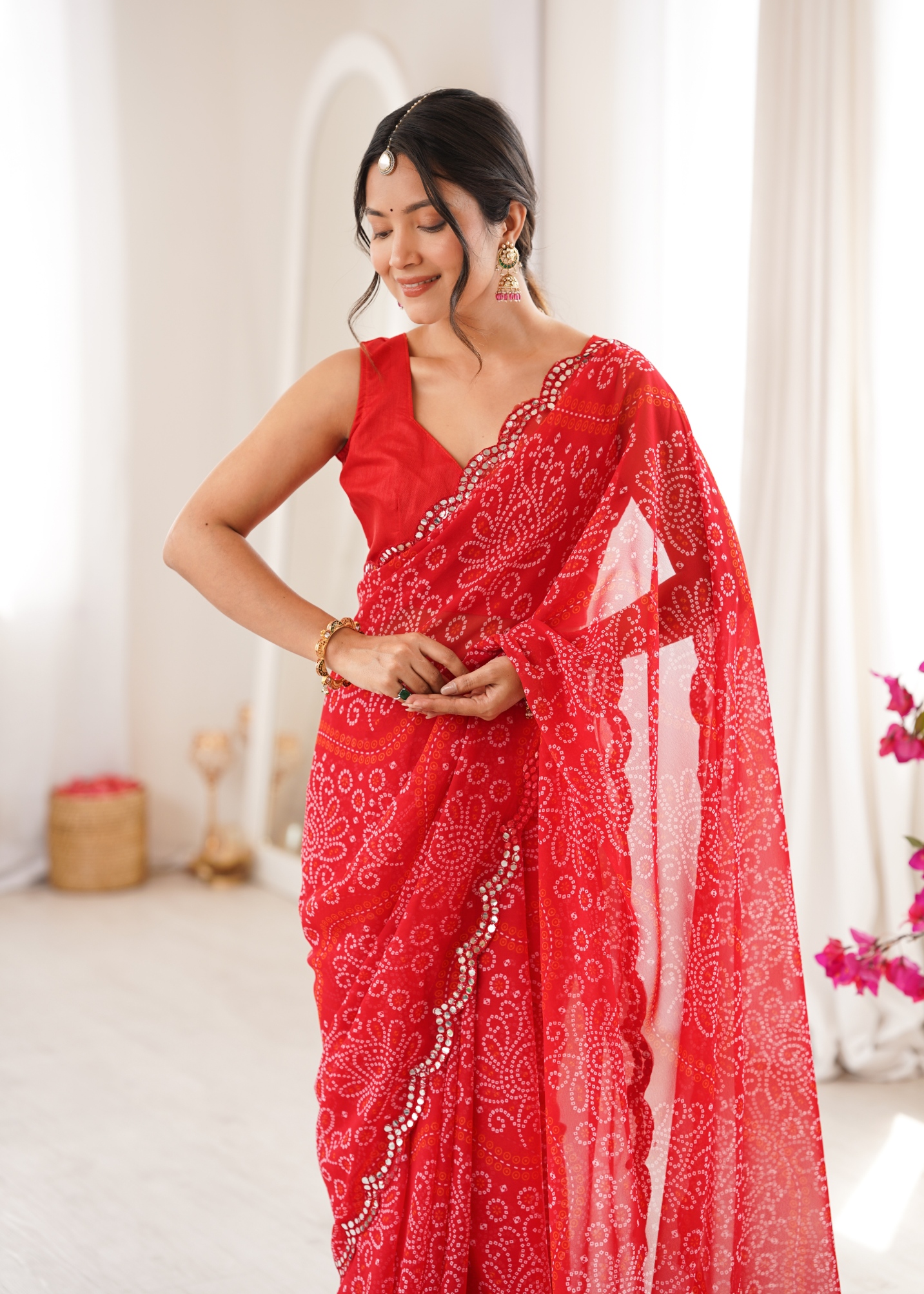 Red Ethnic Motif Bandhani Georgette Saree