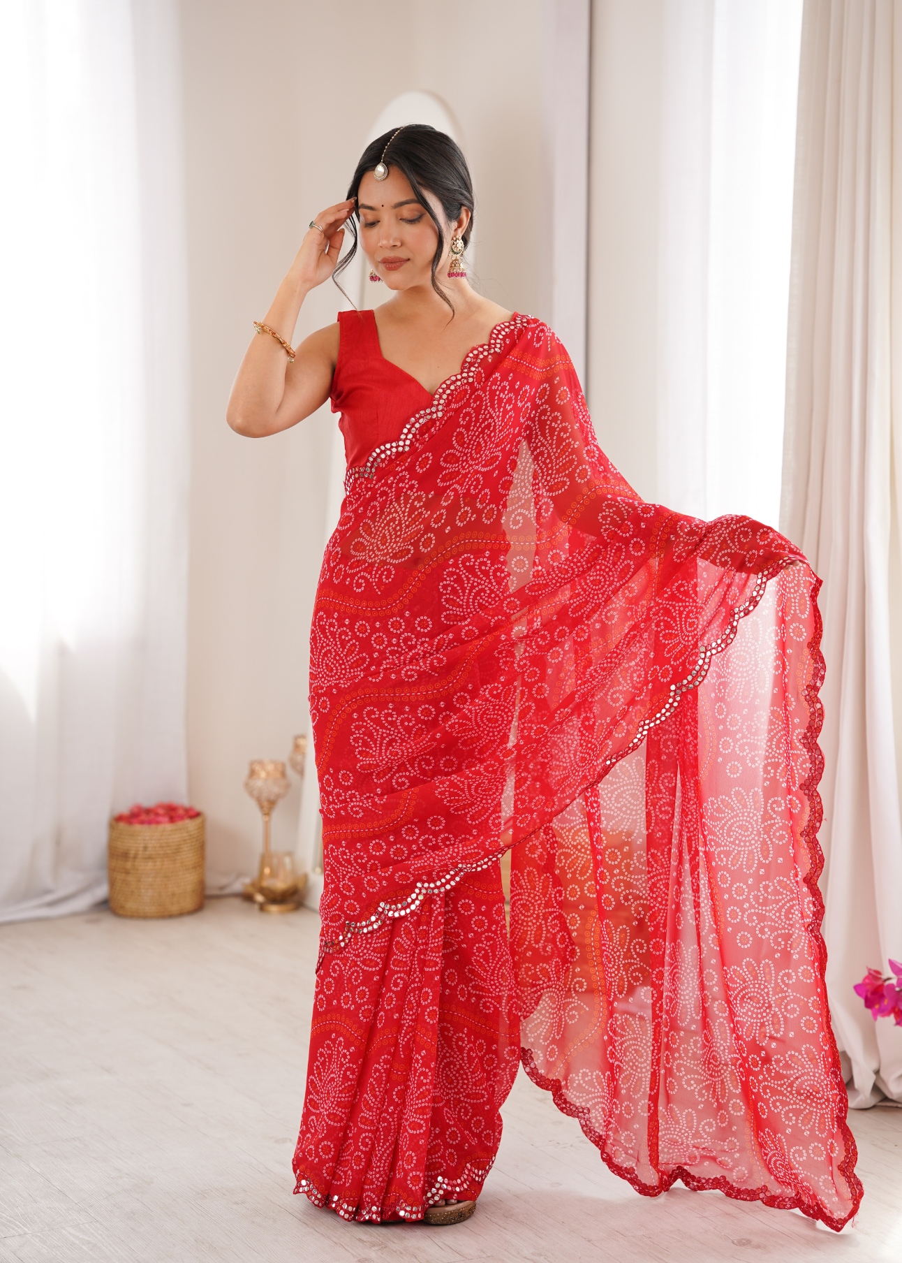 Red Ethnic Motif Bandhani Georgette Saree
