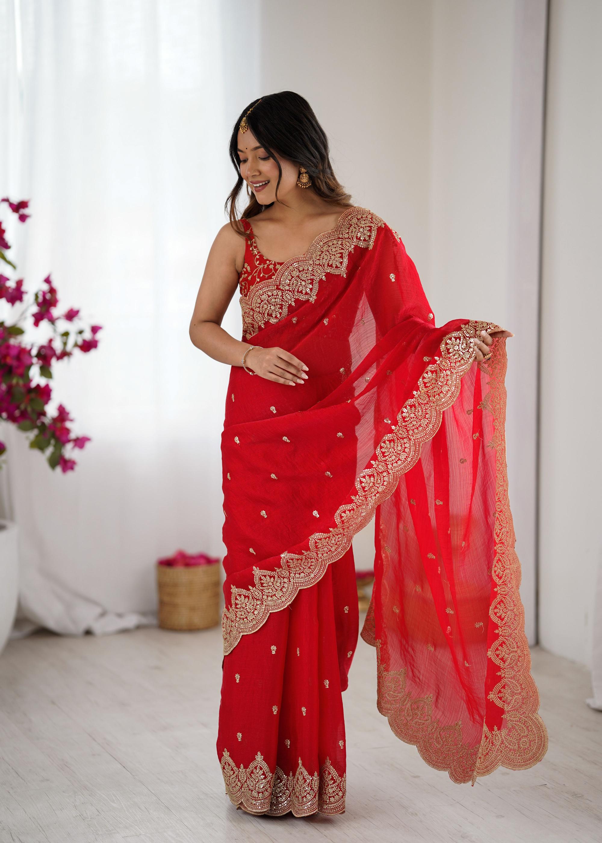 Red Fendi Chiffon Two-Tone Embroidered Fendi Chiffon Saree