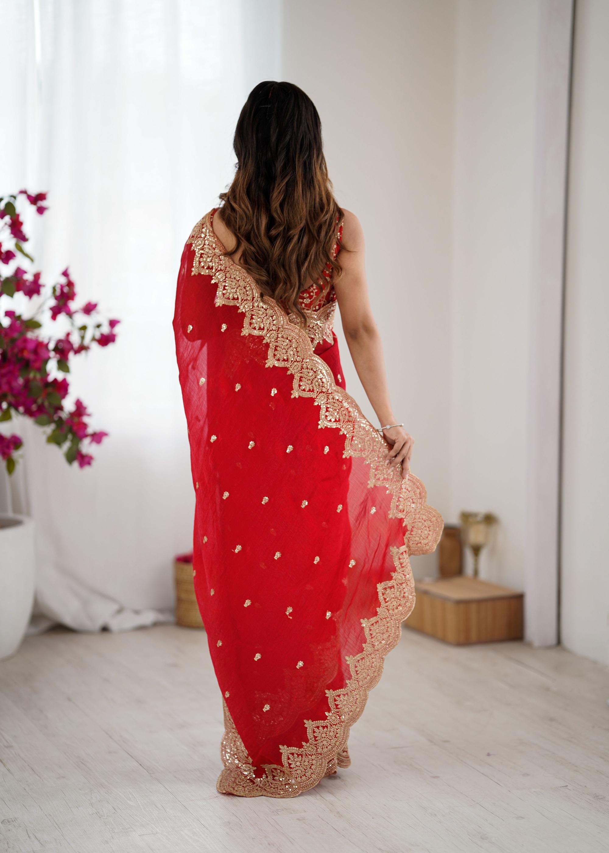 Red Fendi Chiffon Two-Tone Embroidered Fendi Chiffon Saree — alternate view