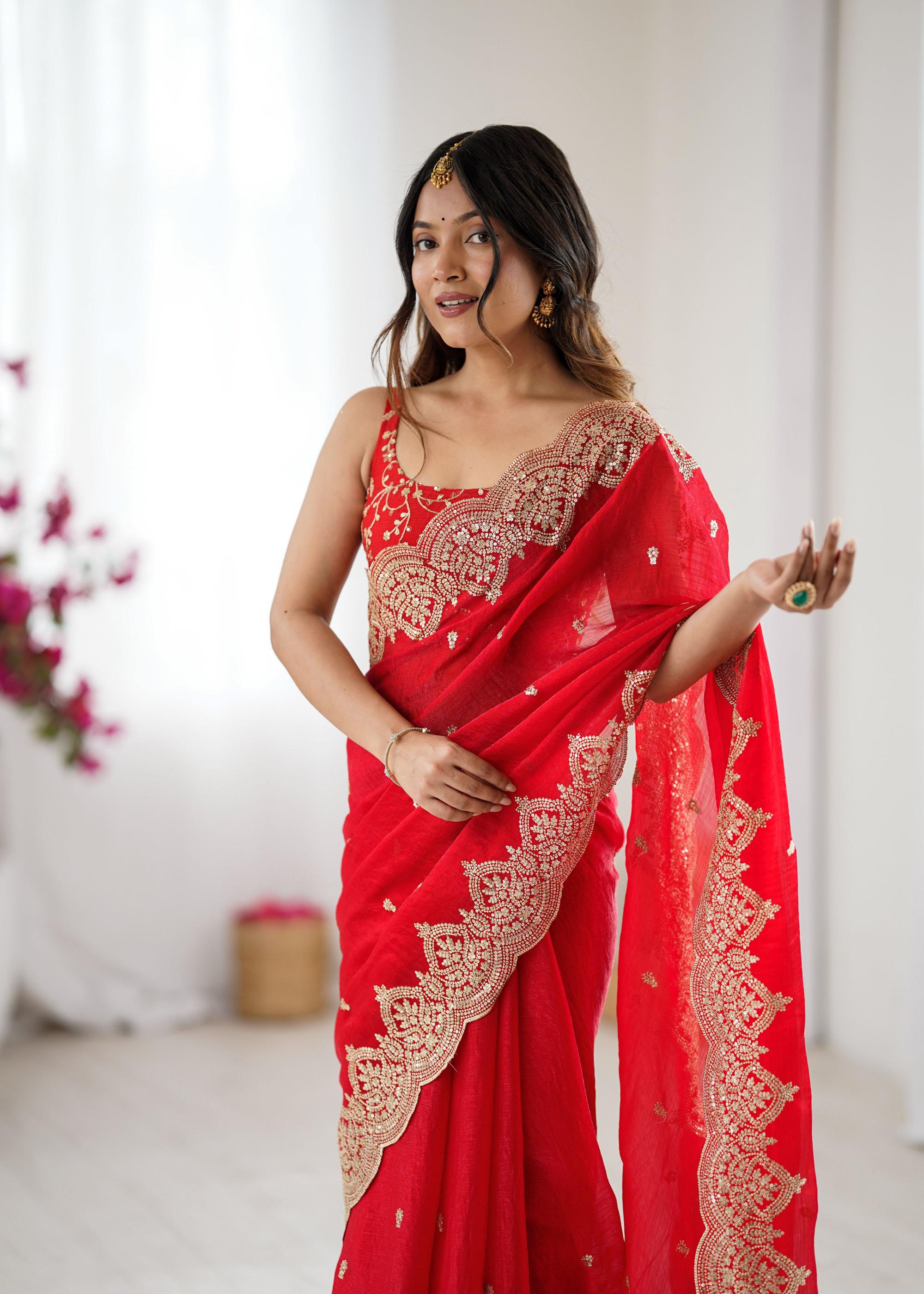 Red Fendi Chiffon Two-Tone Embroidered Fendi Chiffon Saree