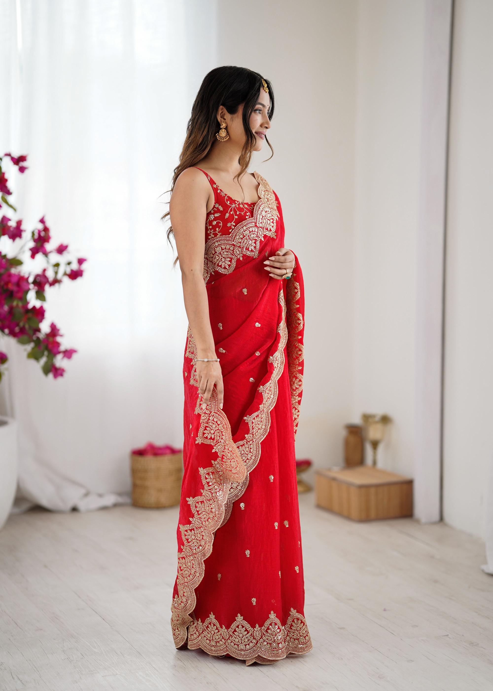 Red Fendi Chiffon Two-Tone Embroidered Fendi Chiffon Saree