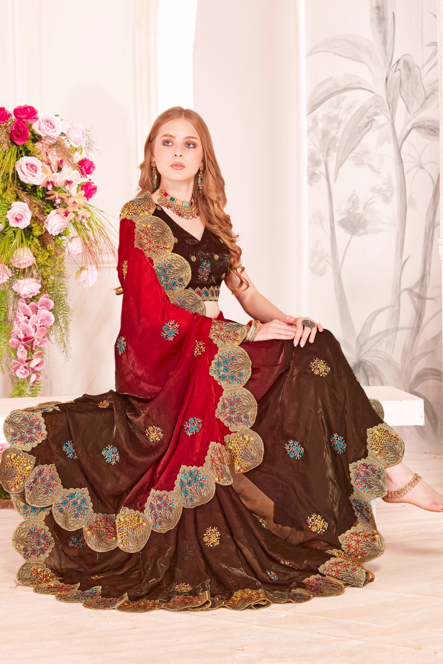Red Fendi Satin Silk Two Tone Shaded Zari and Resham Embroidered Saree — alternate view