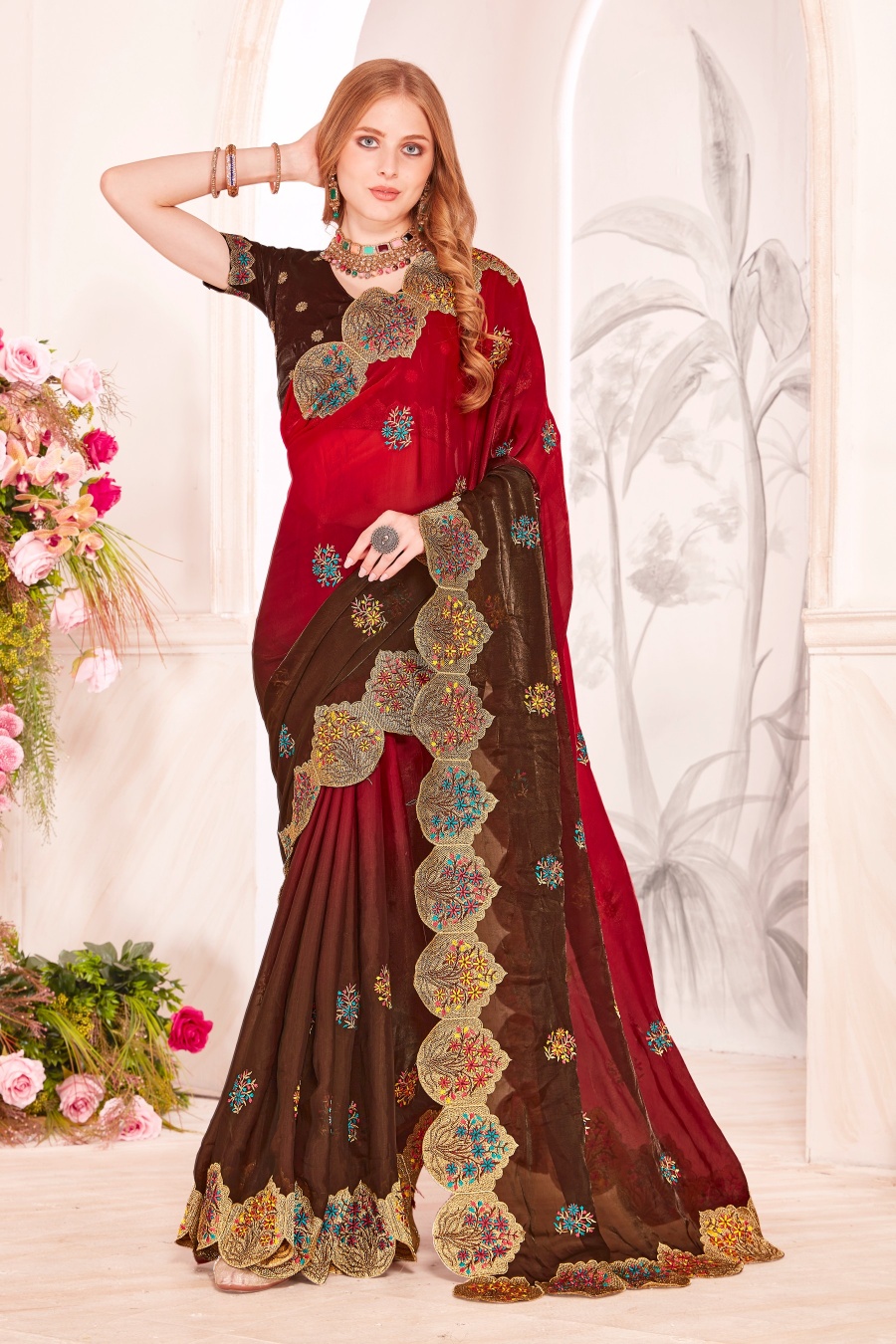 Red Fendi Satin Silk Two Tone Shaded Zari and Resham Embroidered Saree