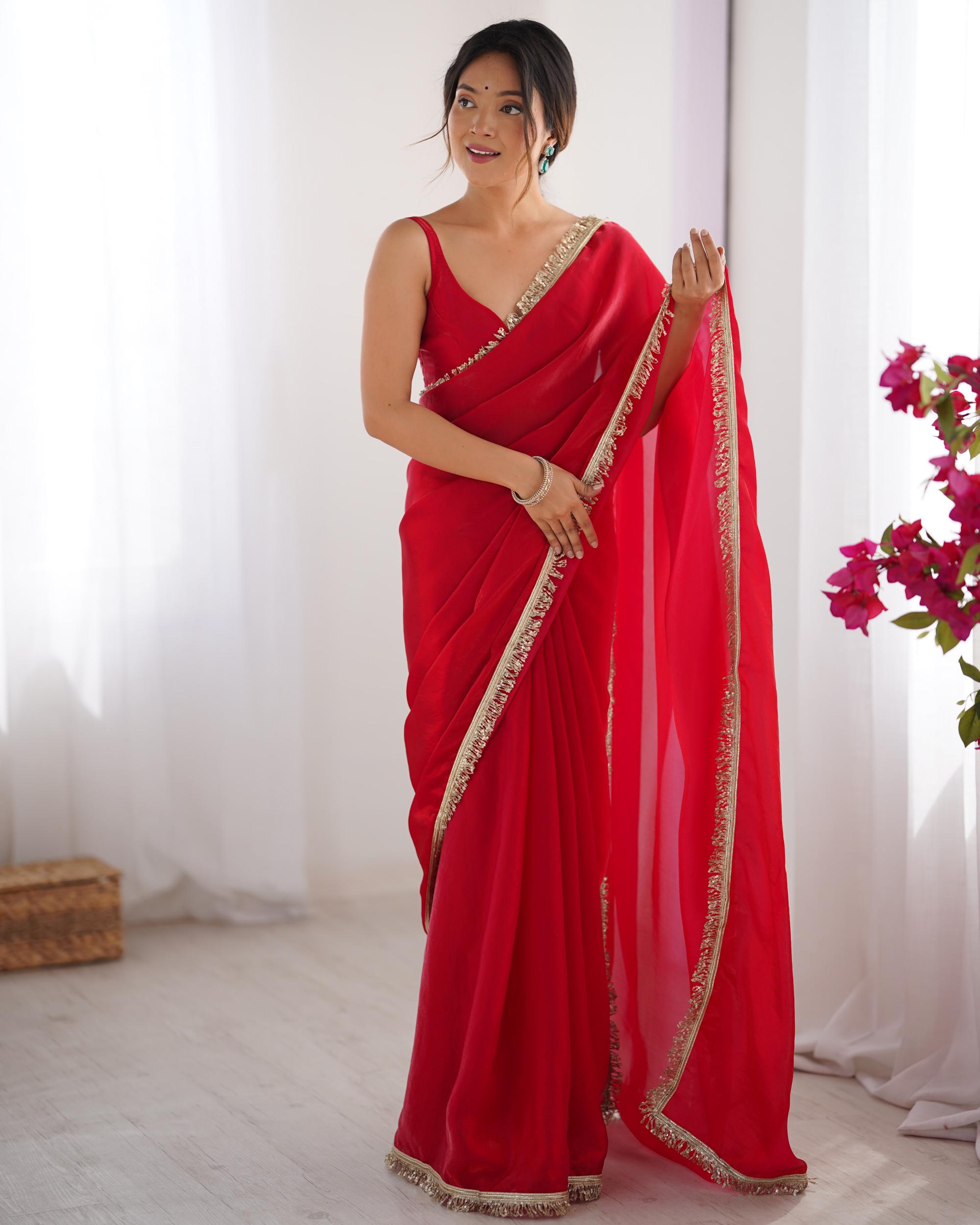Red Fendy Satin Lace Saree