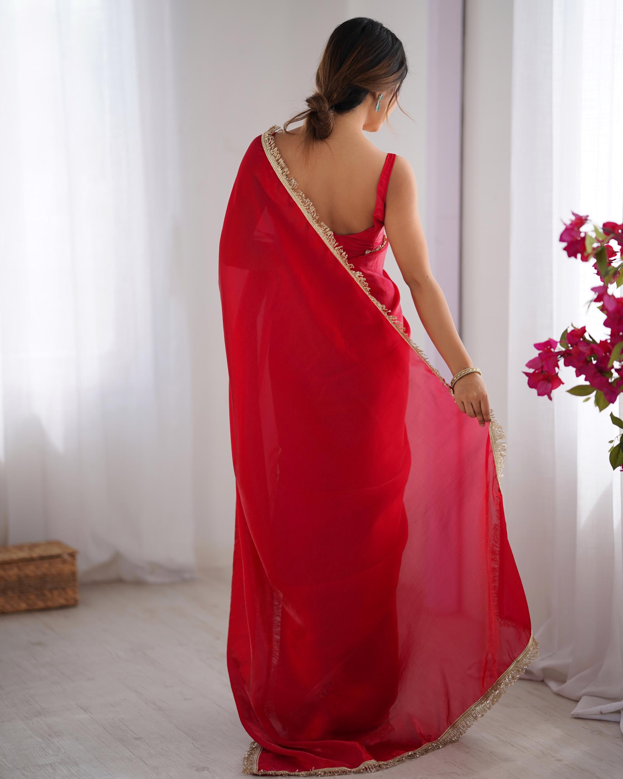 Red Fendy Satin Lace Saree — alternate view