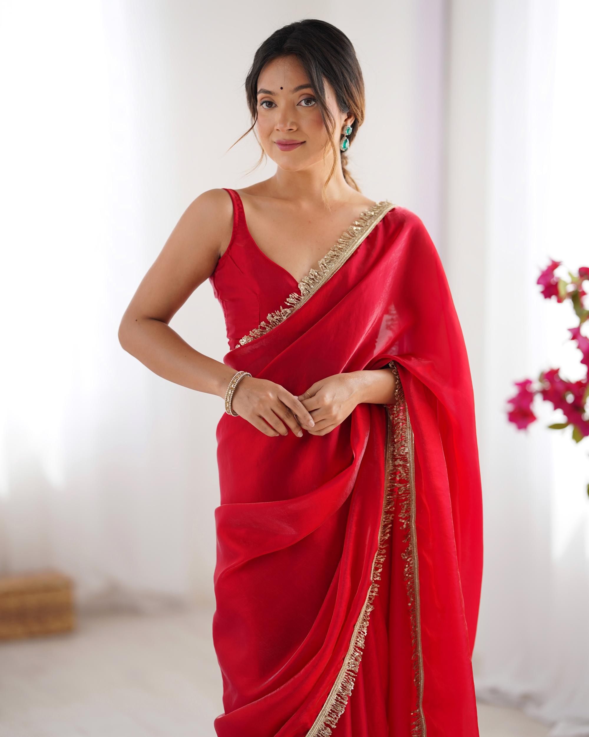 Red Fendy Satin Lace Saree